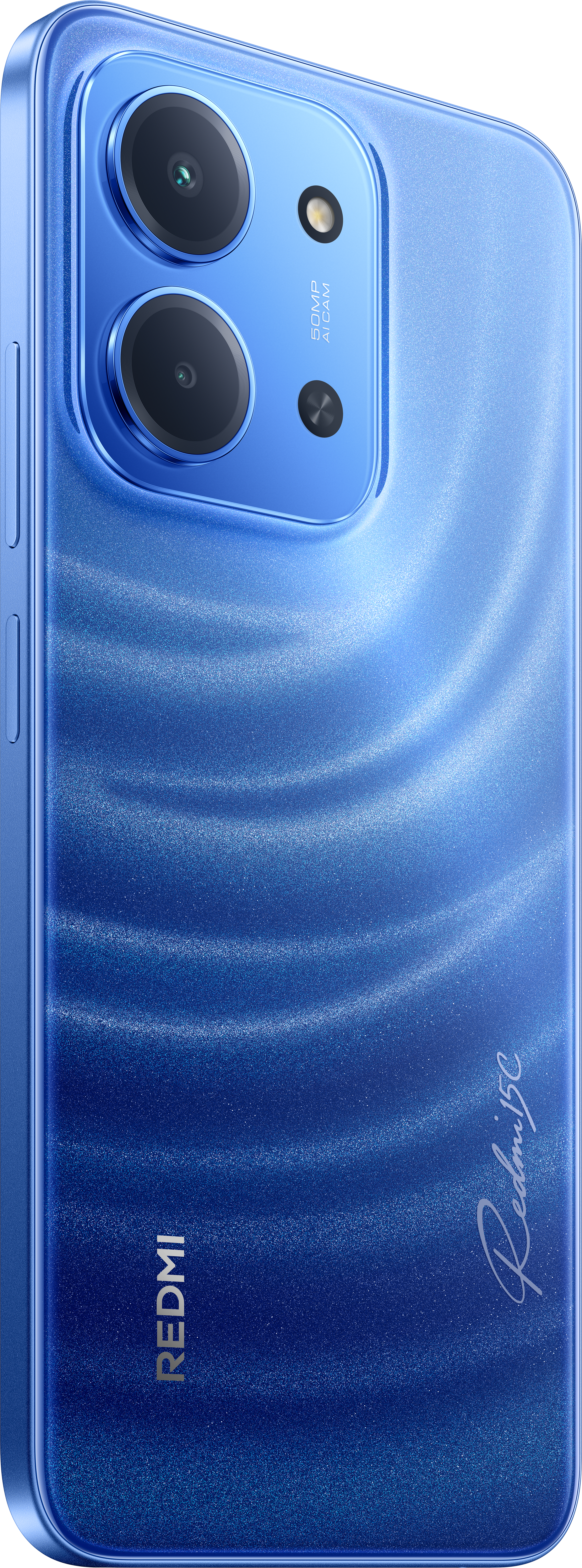 Blaue Redmi 15C-Telefonrückseite, Kameralinsen, KI-Cam, Redmi-Logo und ein Wirbeldesign.