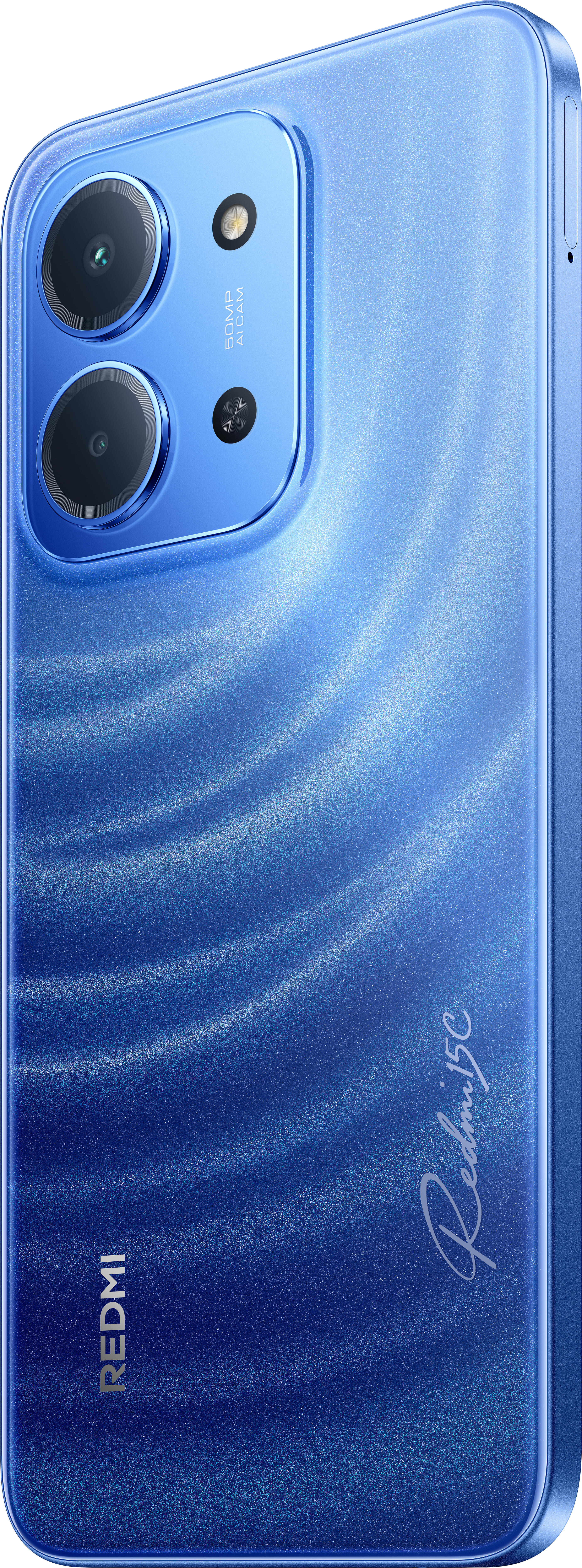 Rückseite eines blauen Smartphones mit Kameralinsen, Redmi-Logo und strukturierter Oberfläche. Signatur sichtbar.