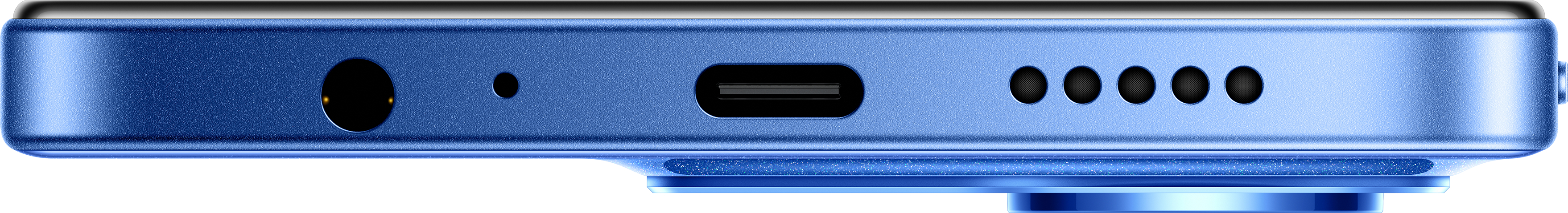 Nahaufnahme der Unterkante eines blauen Telefons, mit Anschlüssen zum Aufladen, Audio und Lautsprechern. Das Design ist elegant.
