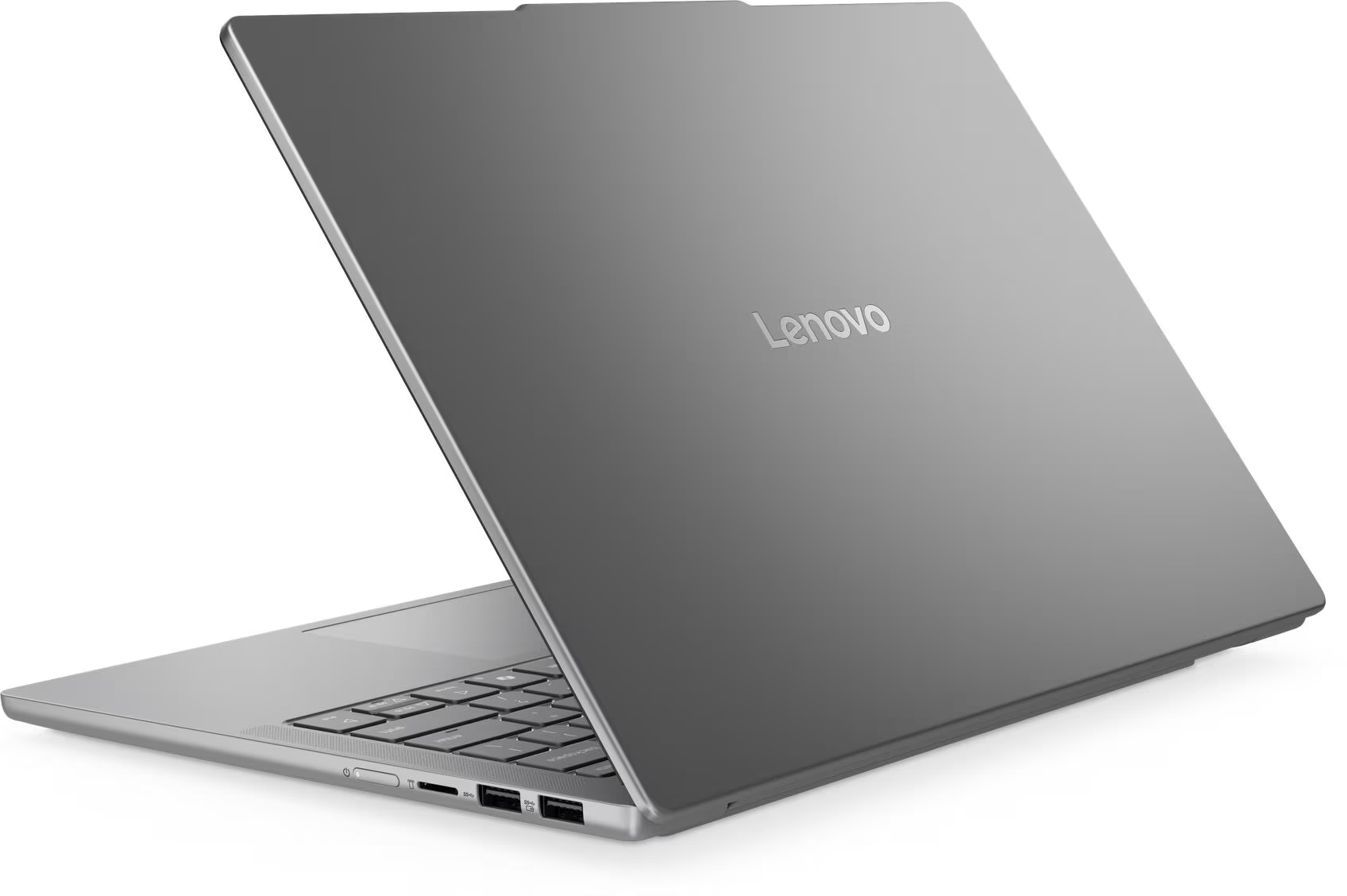 Egy ezüst Lenovo laptop nyitva, a billentyűzet és a képernyő látható. A Lenovo logója látható a borítón.