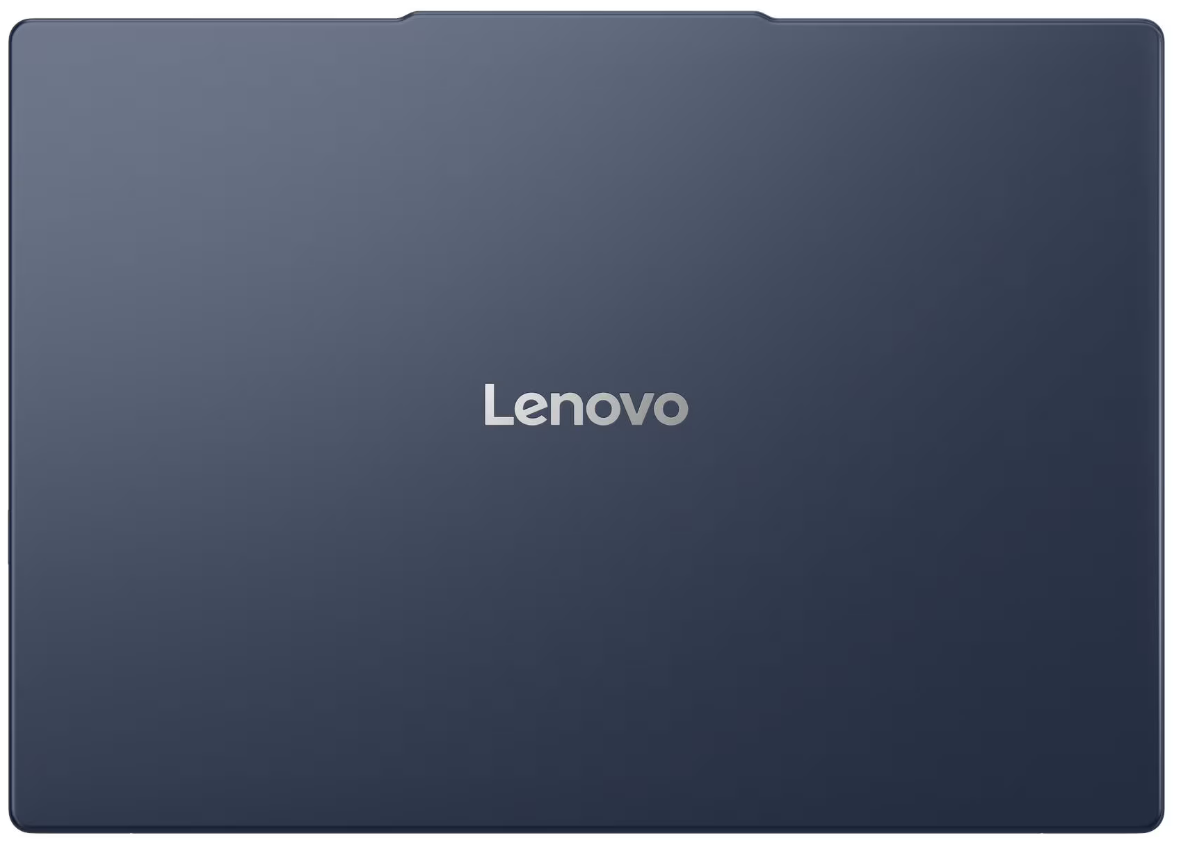Egy zárt Lenovo laptop látható, sötétkék színben. A Lenovo logó középen, ezüst színben. A felső szélén egy kis mélyedés található.