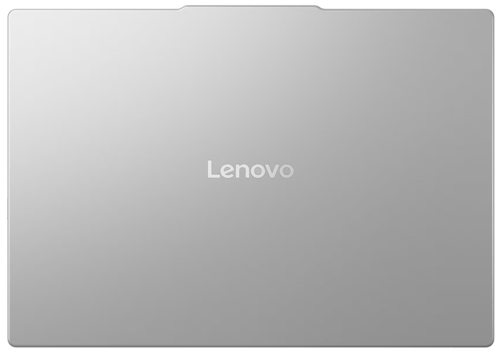 Egy ezüst Lenovo laptop fedele látható. A Lenovo logó középen van. A fedél lekerekített sarkokkal és egy kis bemélyedéssel rendelkezik.