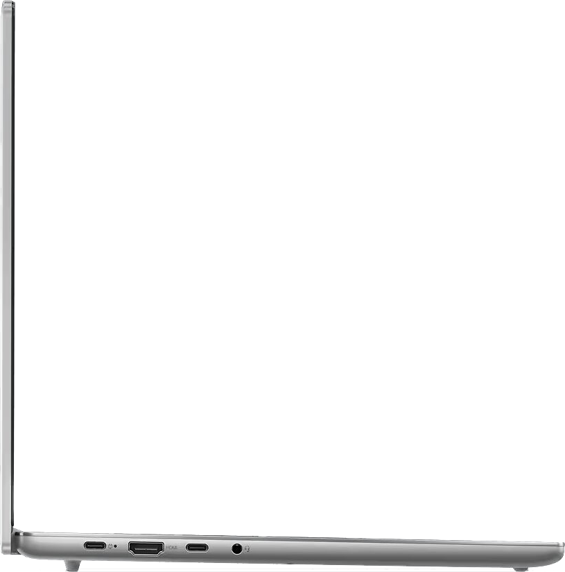 Ezüst laptop oldalsó nézete. Látható portok: USB-C, HDMI és audio jack. A képernyő nyitott, fehér háttérrel.