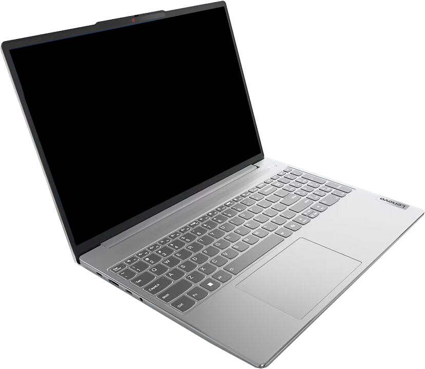 Egy ezüst Lenovo laptop nyitva, fekete képernyővel. A billentyűzet és a touchpad látható. A Lenovo logója jobbra található.