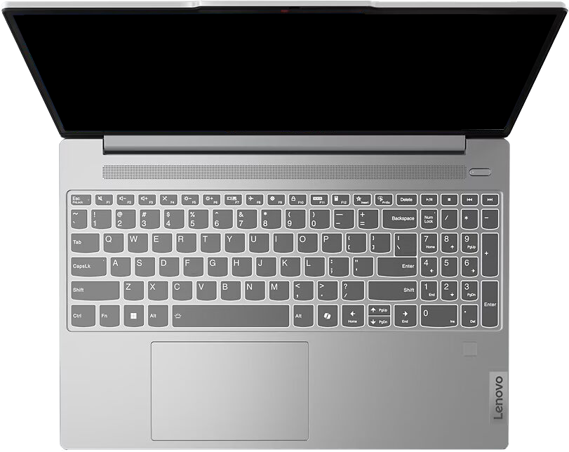 Felülnézet egy ezüst Lenovo laptopról, nyitott fekete képernyővel, látható billentyűzettel és touchpad-del.
