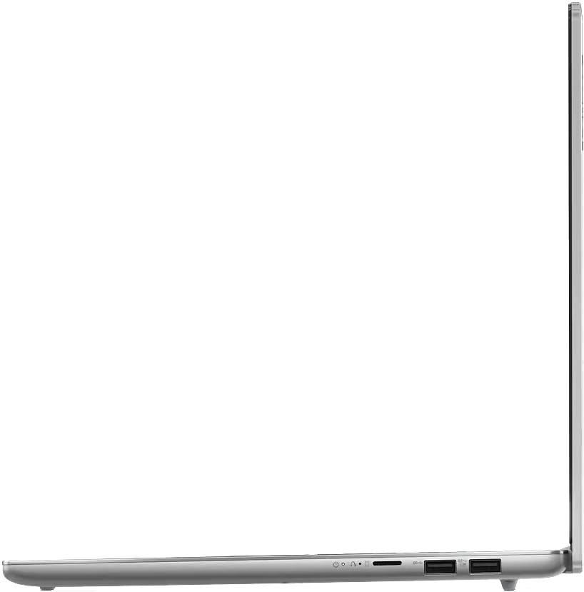 Egy ezüst laptop oldalsó nézete. A képernyő zárva van. A portok az alsó szélén láthatók.