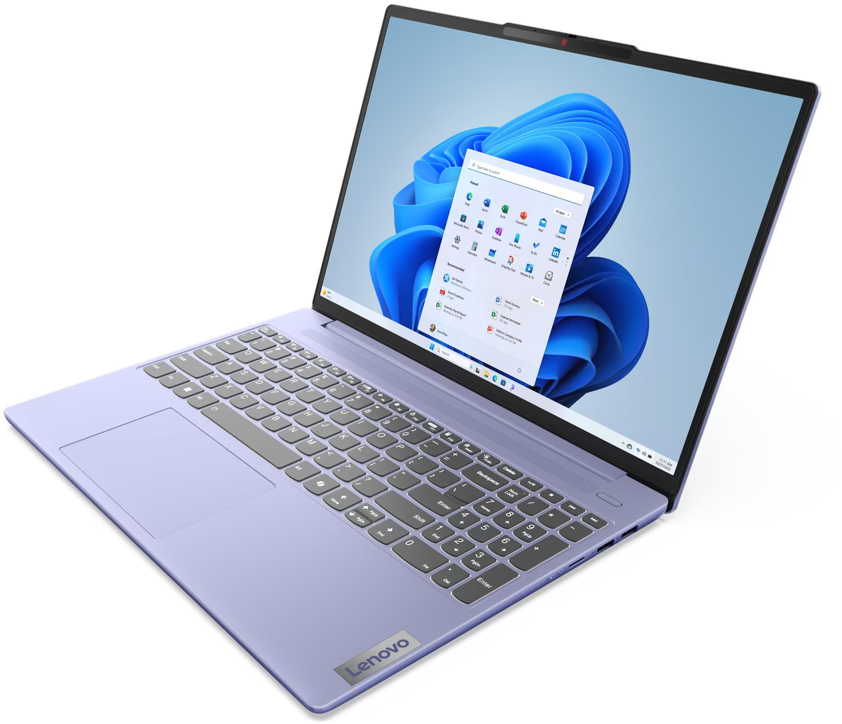 Egy levendula színű Lenovo laptop nyitva, Windows 11 felülettel. A képernyő alkalmazásikonokat jelenít meg kék, hullámos háttér előtt.