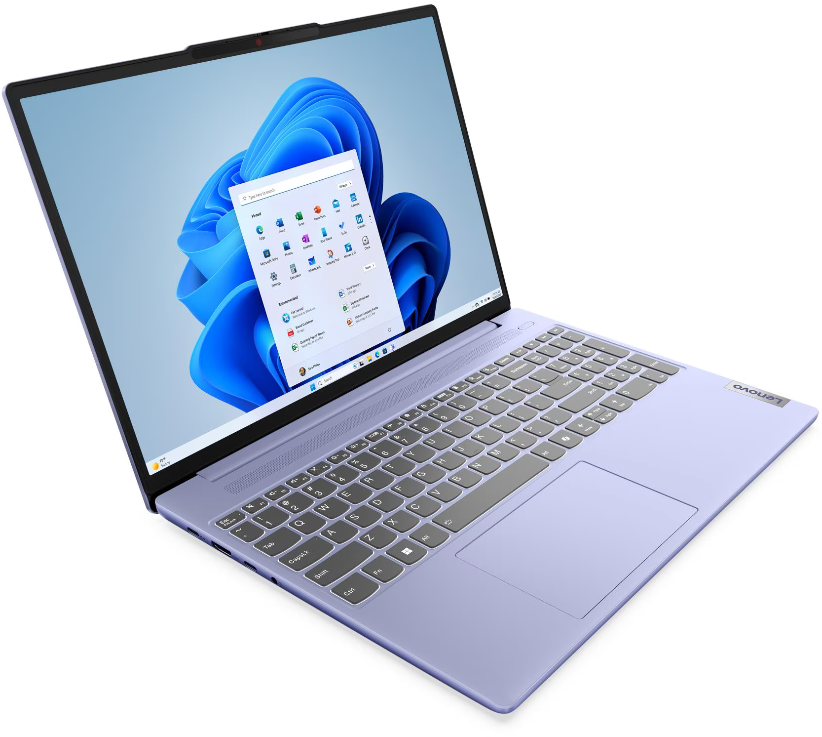 Egy levendula színű laptop Windows 11-et jelenít meg, a Start menüvel. A billentyűzet látható, a Lenovo logóval együtt.