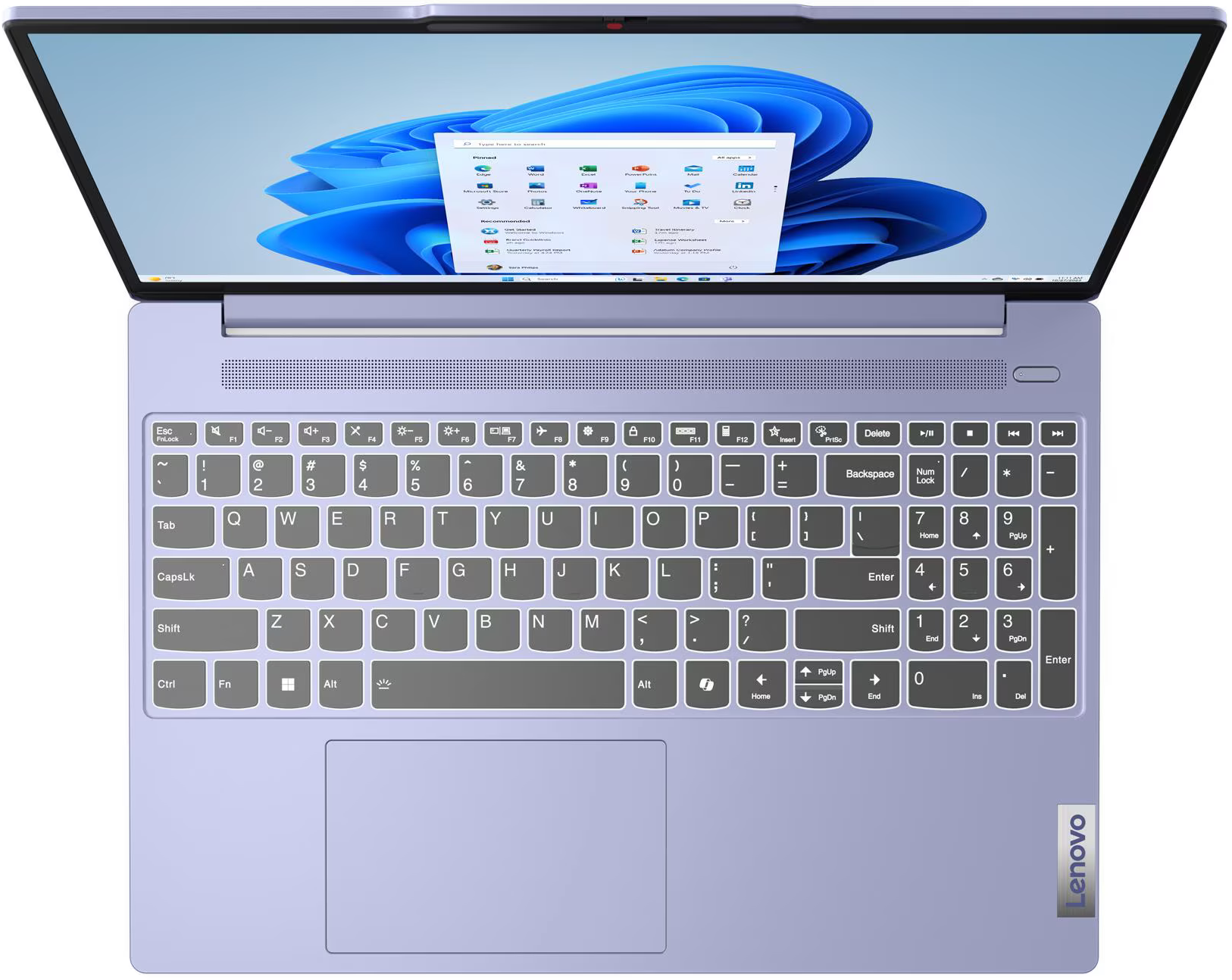 Egy levendula színű Lenovo laptop Windows 11 felületet mutat. A billentyűzet látható. A képernyő alkalmazásikonokat jelenít meg.