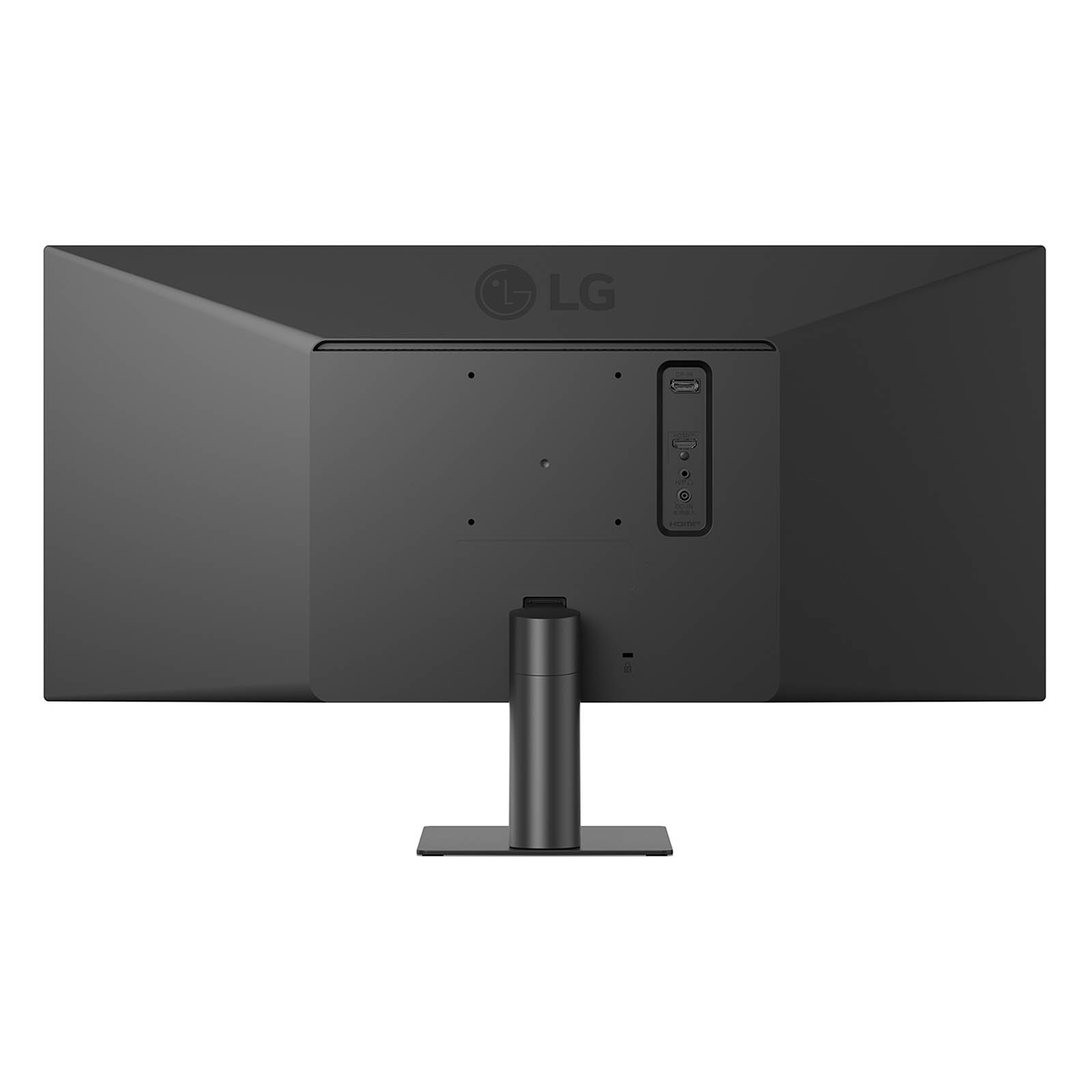 Tył czarnego monitora LG. Posiada podstawkę, porty i logo LG u góry.