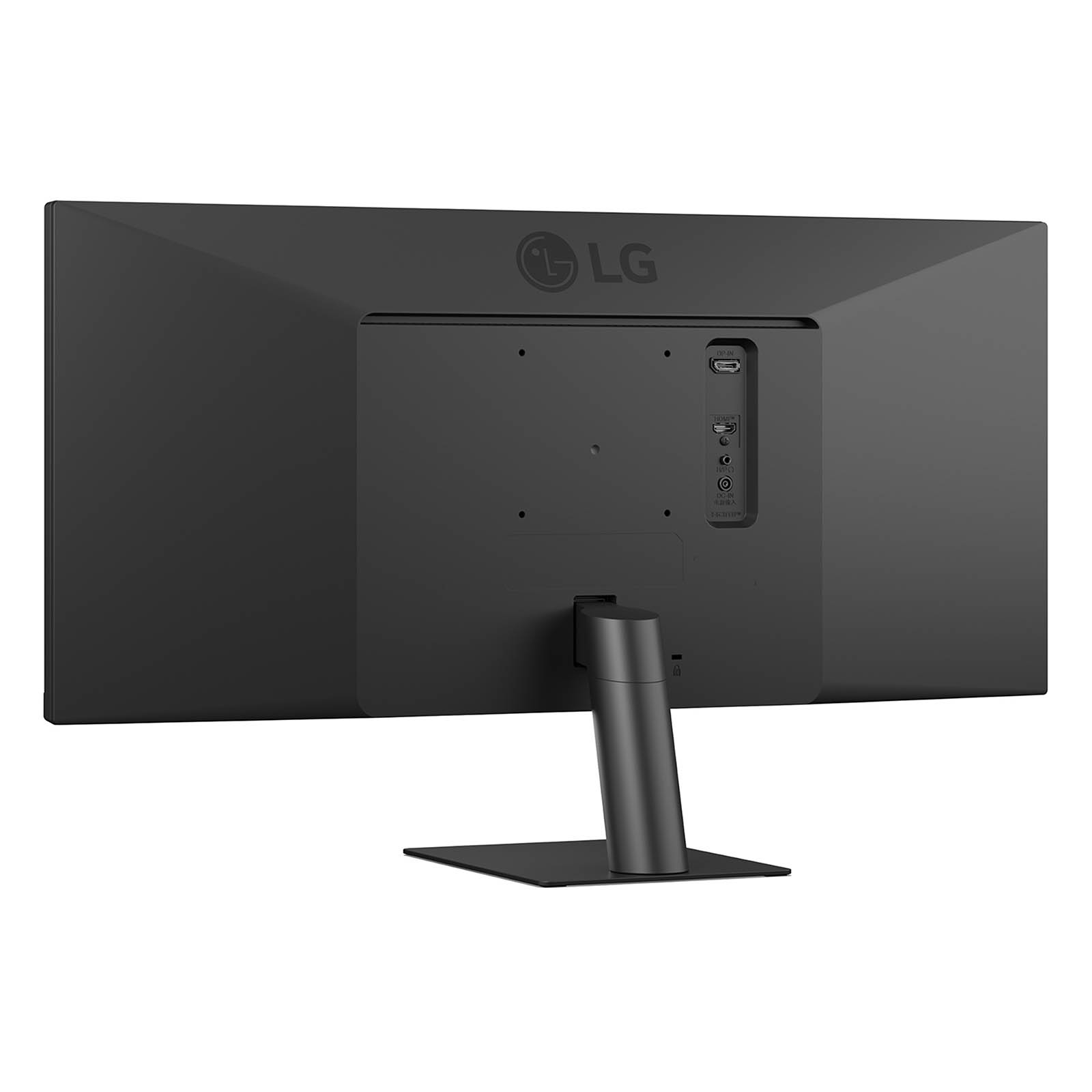 Czarny monitor LG z tyłu. Ma podstawę i różne porty. Widoczne jest logo LG.
