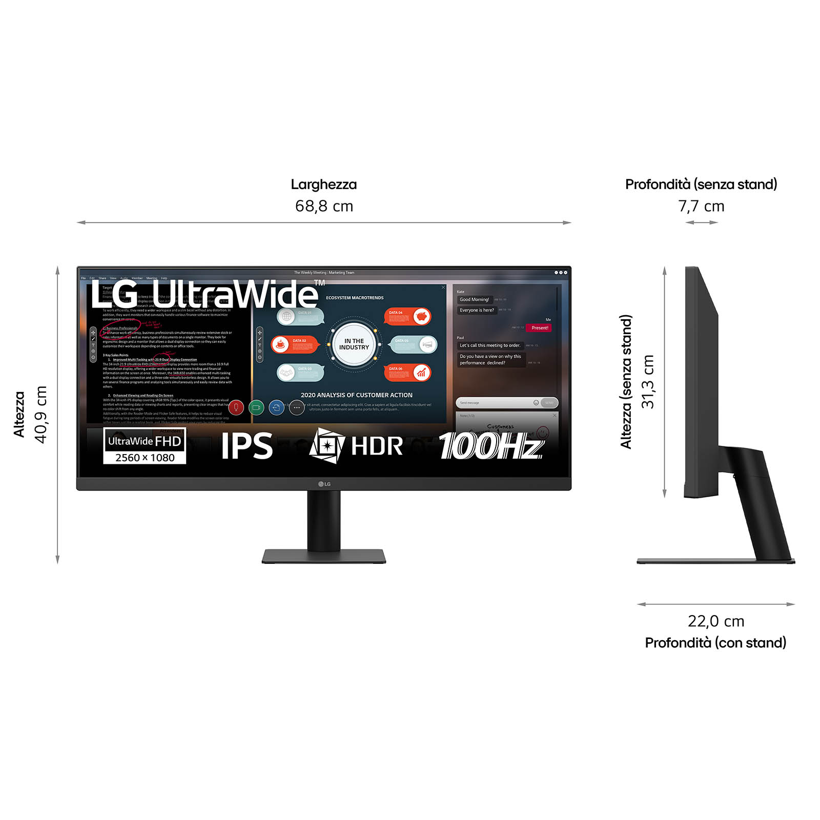 LG UltraWide monitor. Egy értekezlet felületét és specifikációkat mutat. Méretek jelennek meg. A monitor fekete.