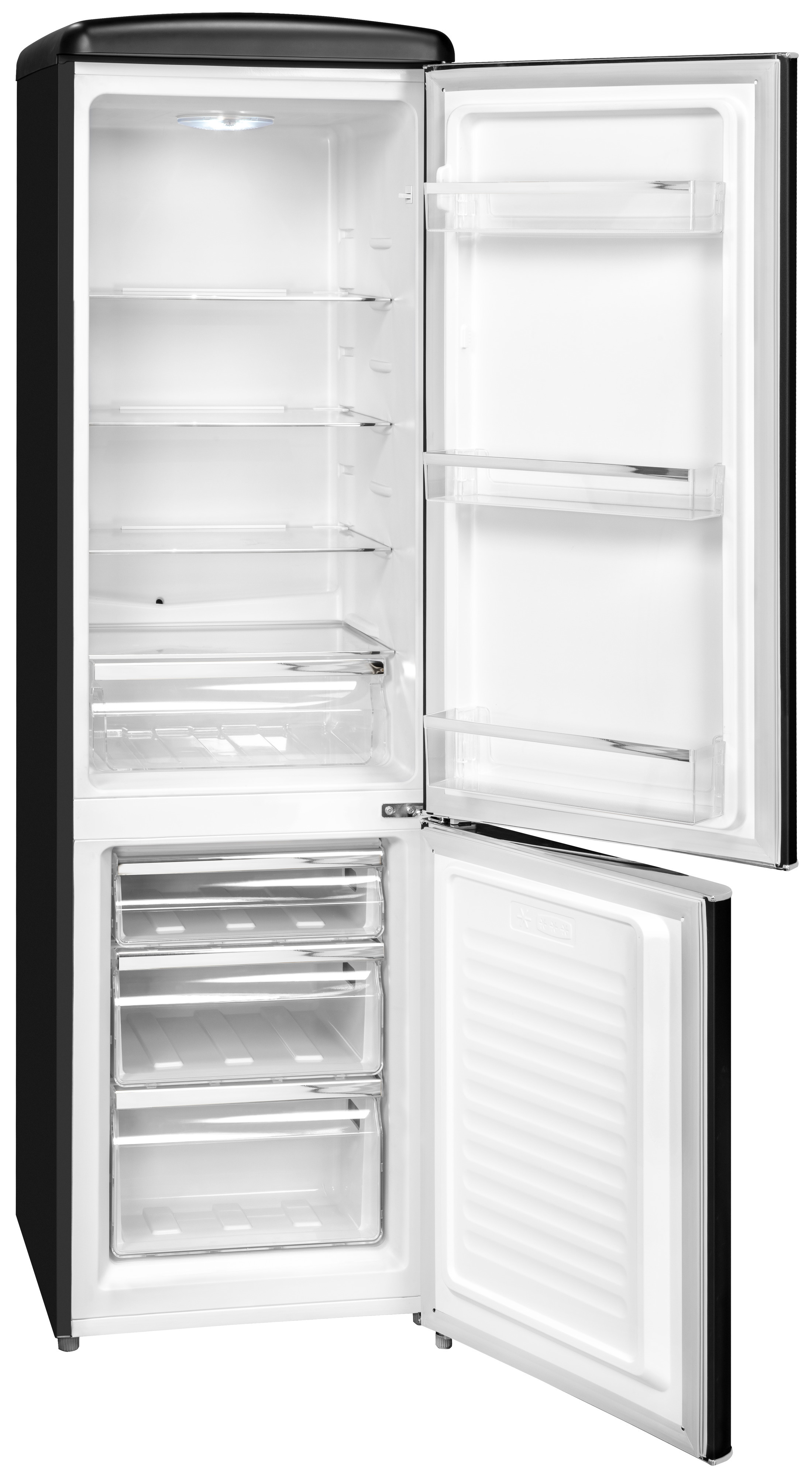 Ein schwarzer Kühlschrank mit geöffneten Türen, der Regale, Schubladen und ein Gefrierfach zeigt. Der Innenraum ist weiß.