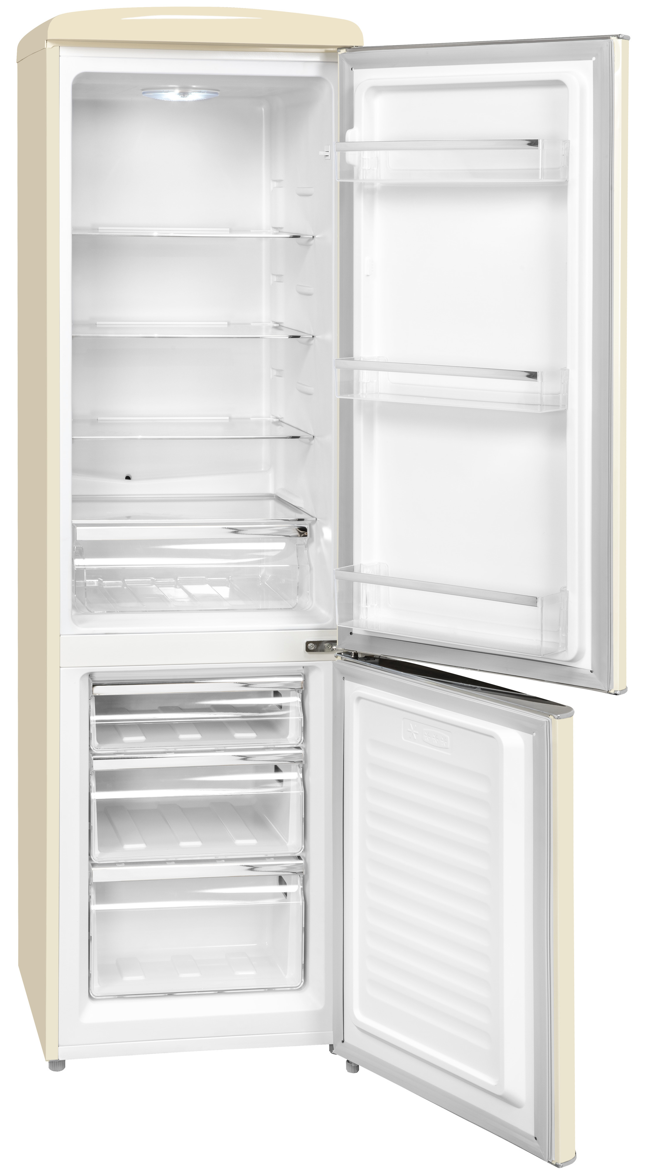 Ein offener, cremefarbener Kühlschrank. Innenregale und Schubladen sind sichtbar. Die Gefriertür ist ebenfalls offen. Leer.