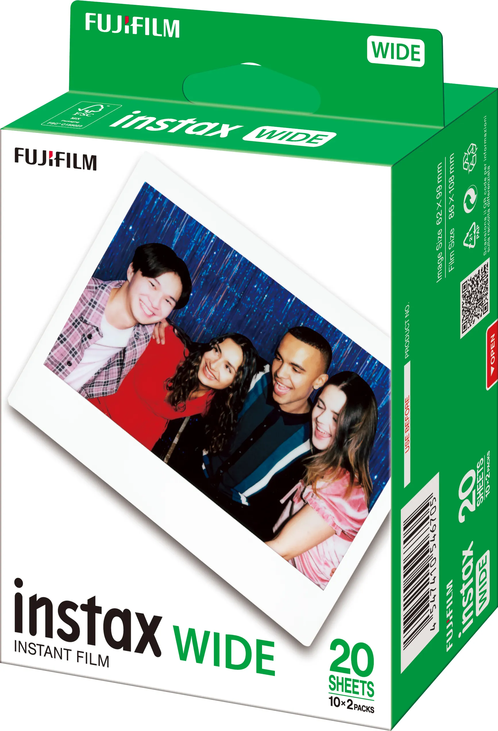 Scatola di pellicola Instax Wide con foto di quattro persone sorridenti. La scatola è verde e bianca, con marchio Fujifilm.