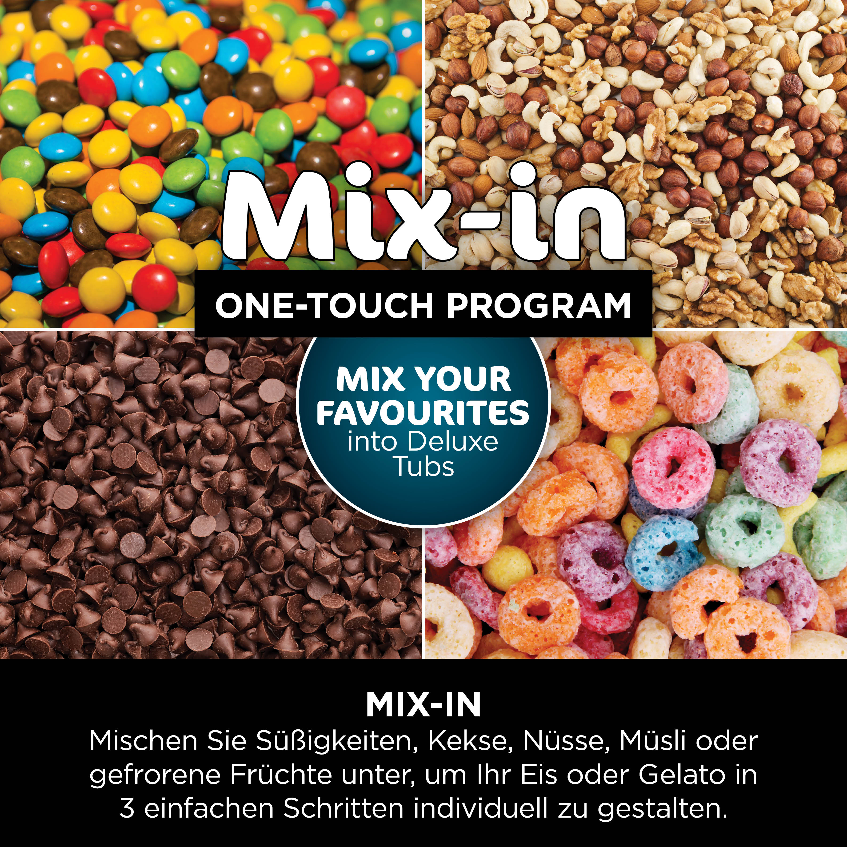 L'image montre des bonbons colorés, des noix, des pépites de chocolat et des céréales. Le texte dit 'Mix-in' et 'Mix your favourites into Deluxe Tubs'.