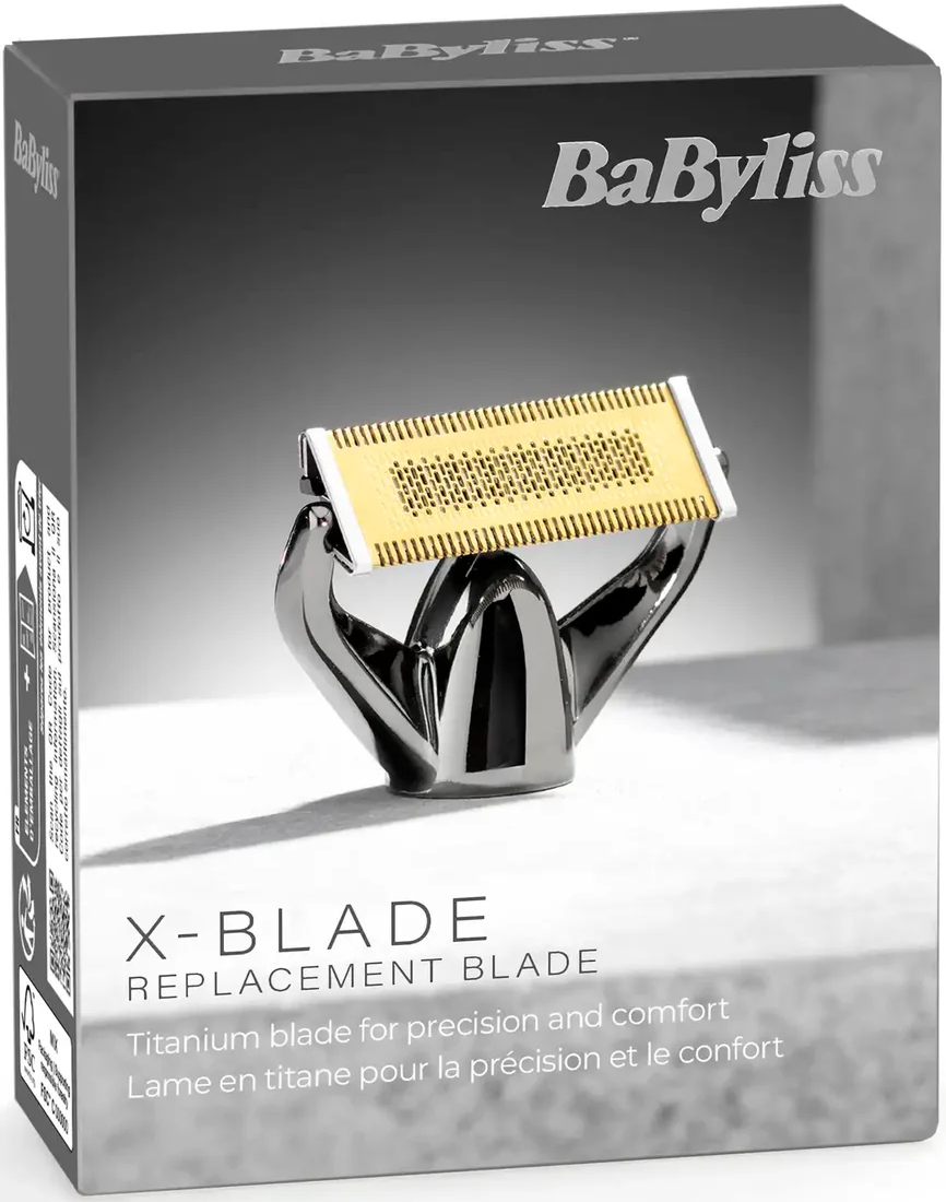 Eine Babyliss X-Blade Ersatzklingenbox. Die Box zeigt die Klinge mit Gold- und Silberfarben. Der Text enthält 'X-BLADE'.