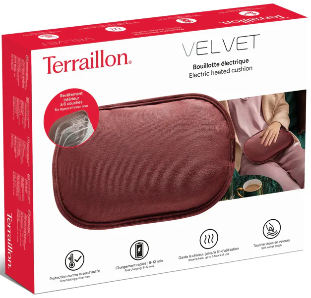 Boîte avec coussin chauffant électrique Terraillon Velvet. Une femme tient le coussin. Texte : 6 couches, charge rapide, conserve la chaleur jusqu'à 6 heures.