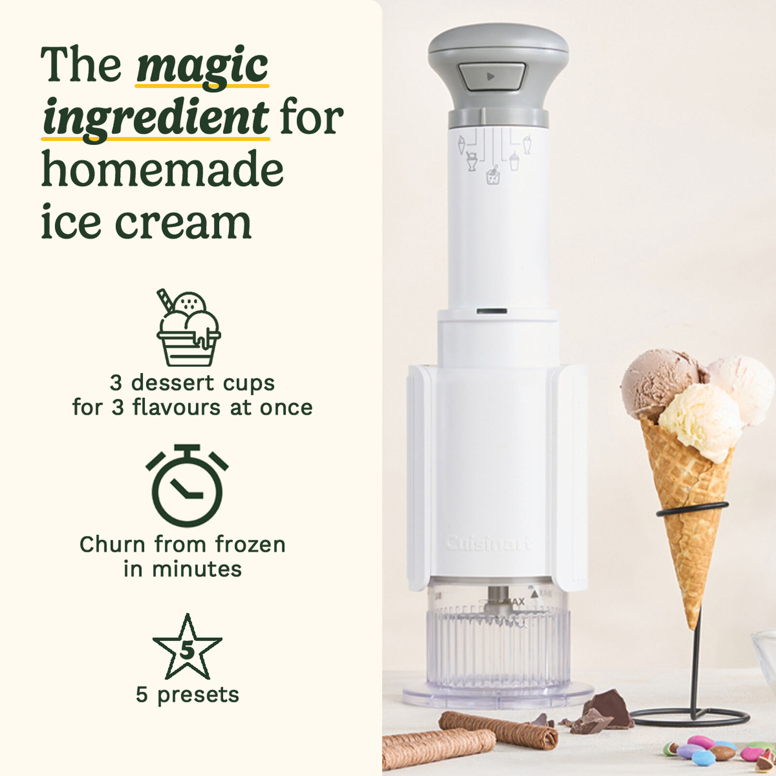 Gelatiera bianca con cono. Testo: ingrediente magico per gelato fatto in casa. Anche cioccolato e caramelle.