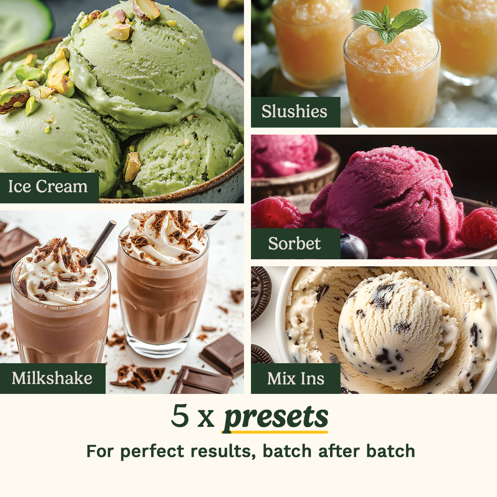 L'immagine mostra gelato, slushies, sorbetto, milkshake e mix-ins. Il testo sull'immagine dice: 5 x preimpostazioni. Per risultati perfetti, lotto dopo lotto.