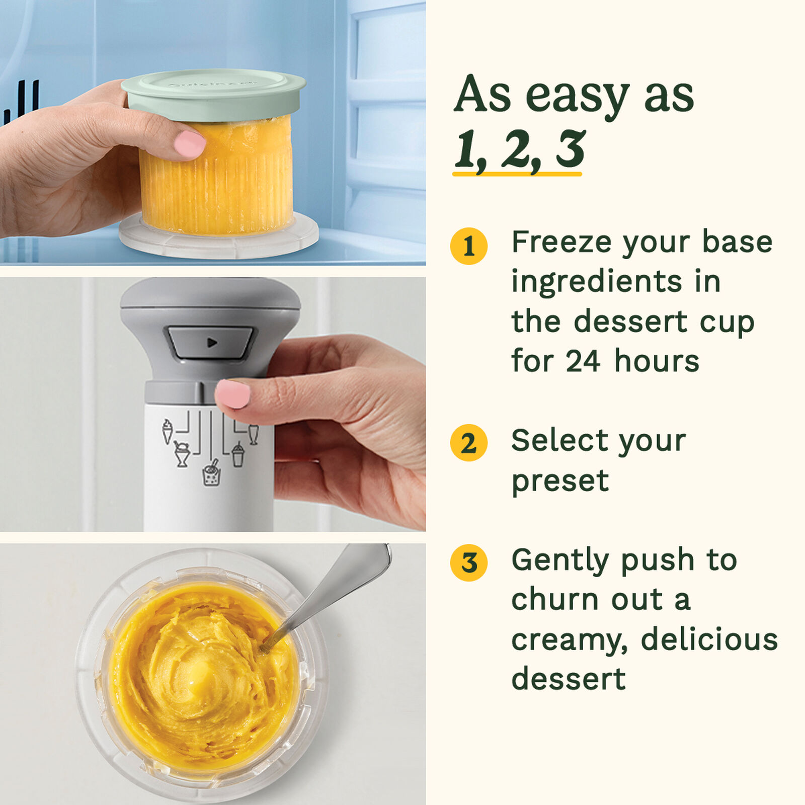 L'immagine mostra i passaggi per preparare un dessert. Include il congelamento degli ingredienti, la selezione di un preset e la preparazione di un dessert.