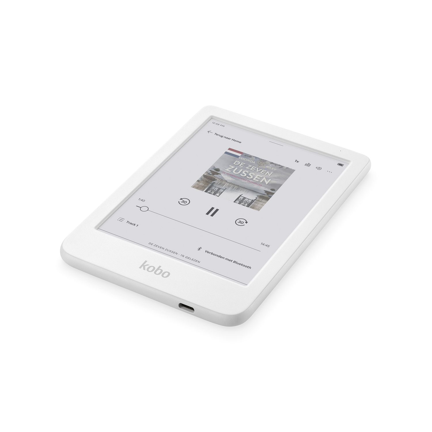 Un lecteur ebook Kobo blanc affiche une couverture de livre. Il affiche le titre "De Zeven Zussen" et des commandes. Le lecteur est sur une surface blanche.