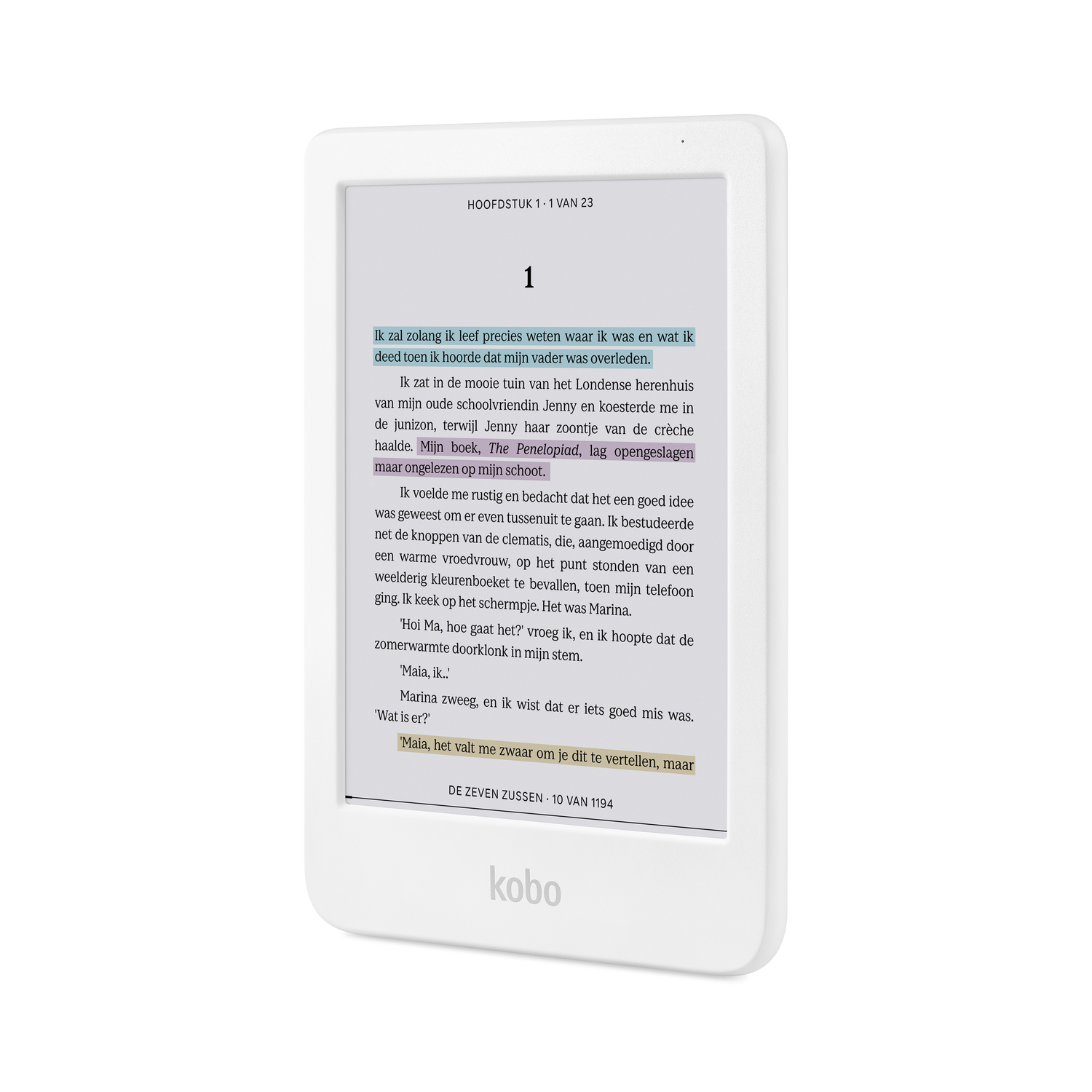 Un lecteur électronique blanc affiche du texte en néerlandais. L'écran montre un extrait de livre avec des mots en surbrillance.