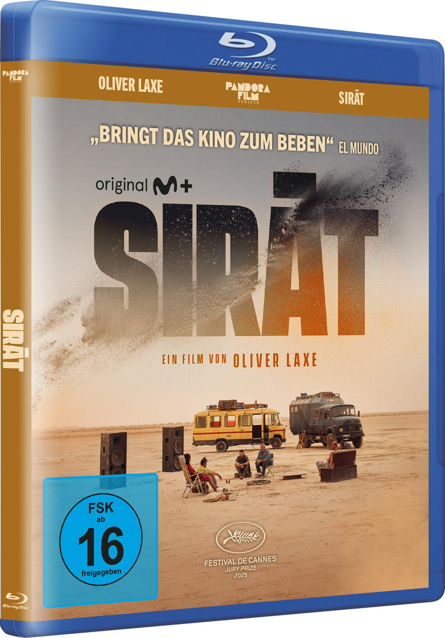Blu-ray-Cover von "Sirat". Wüste, Fahrzeuge, Menschen. Titel hervorstechend. Altersfreigabe unten links.