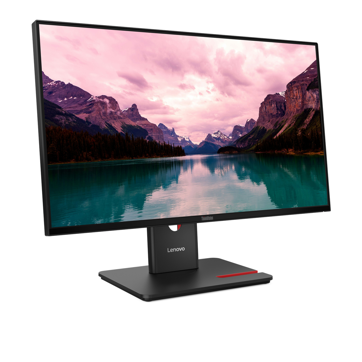Un moniteur Lenovo affiche un paysage pittoresque avec des montagnes, un lac et un ciel rose. Le moniteur est noir et repose sur une base noire.
