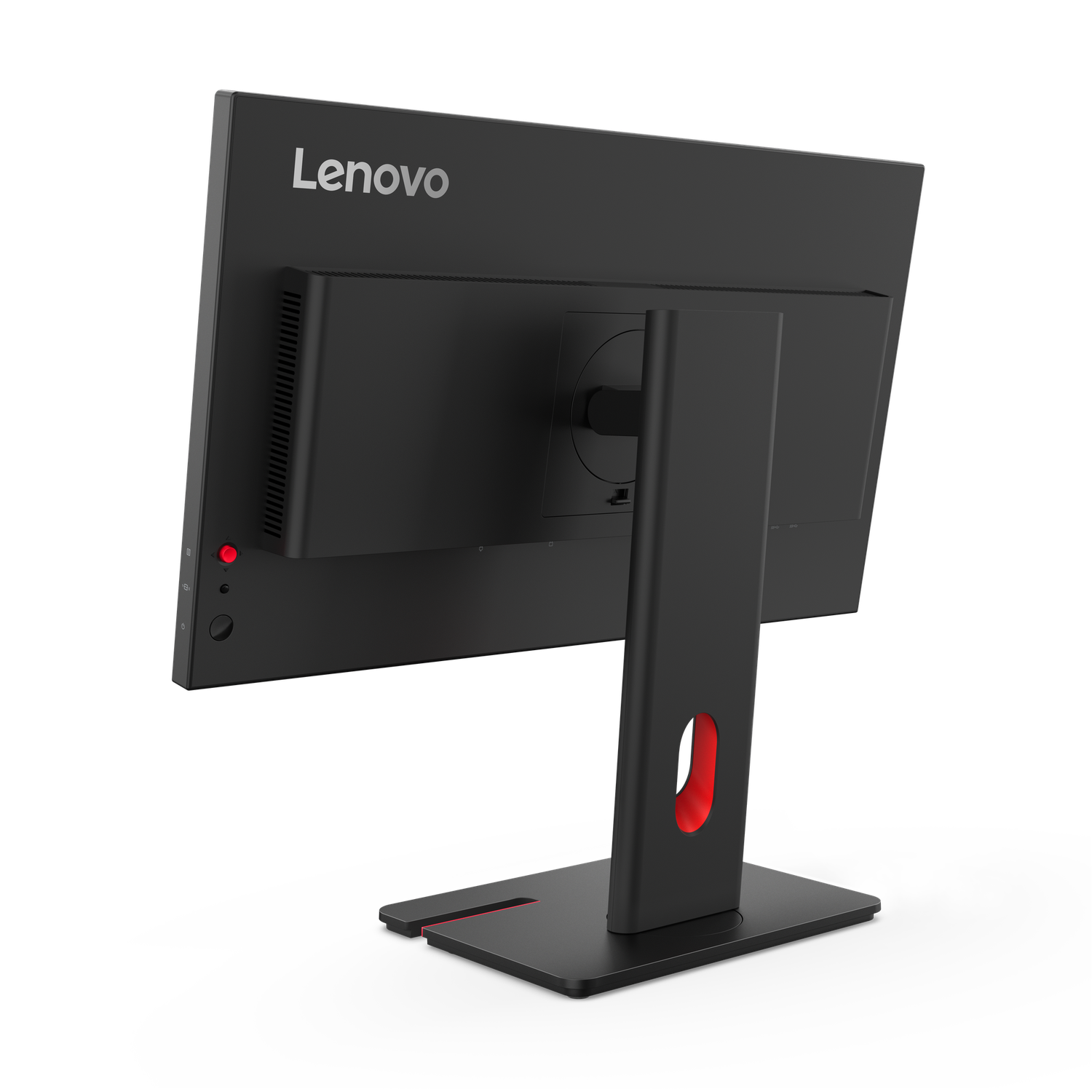 Vue arrière d'un moniteur Lenovo noir. Il a un accent rouge sur le support. Le fond est noir.