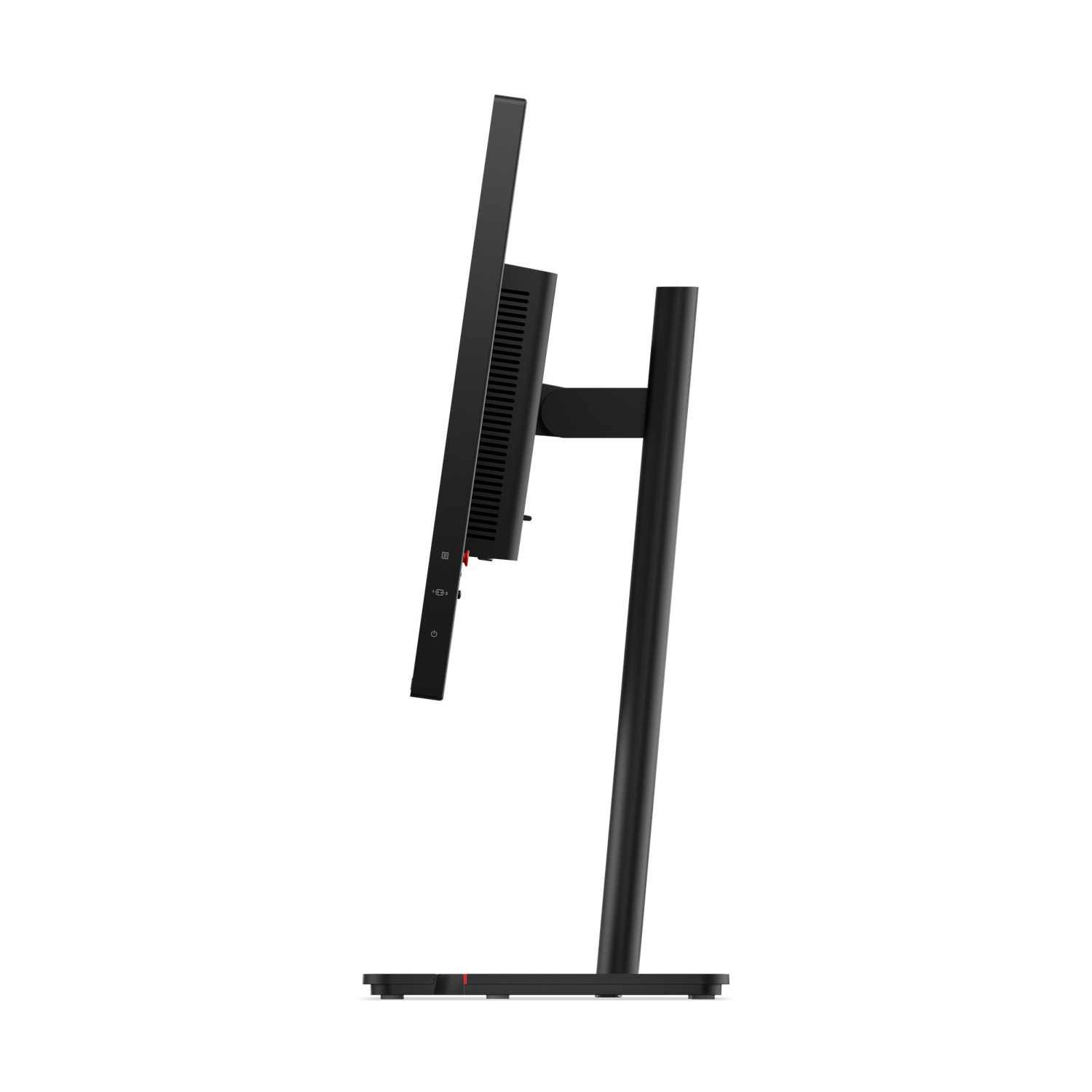 Vue latérale d'un écran d'ordinateur noir. Il est monté sur un support avec une base rectangulaire. Le fond est noir.