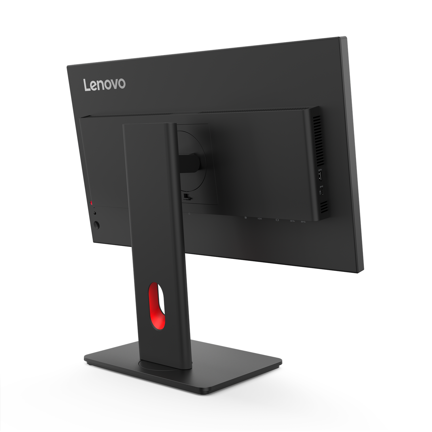 Un écran Lenovo noir est présenté de dos. Le support a un accent rouge. Les ports et le logo Lenovo sont visibles.