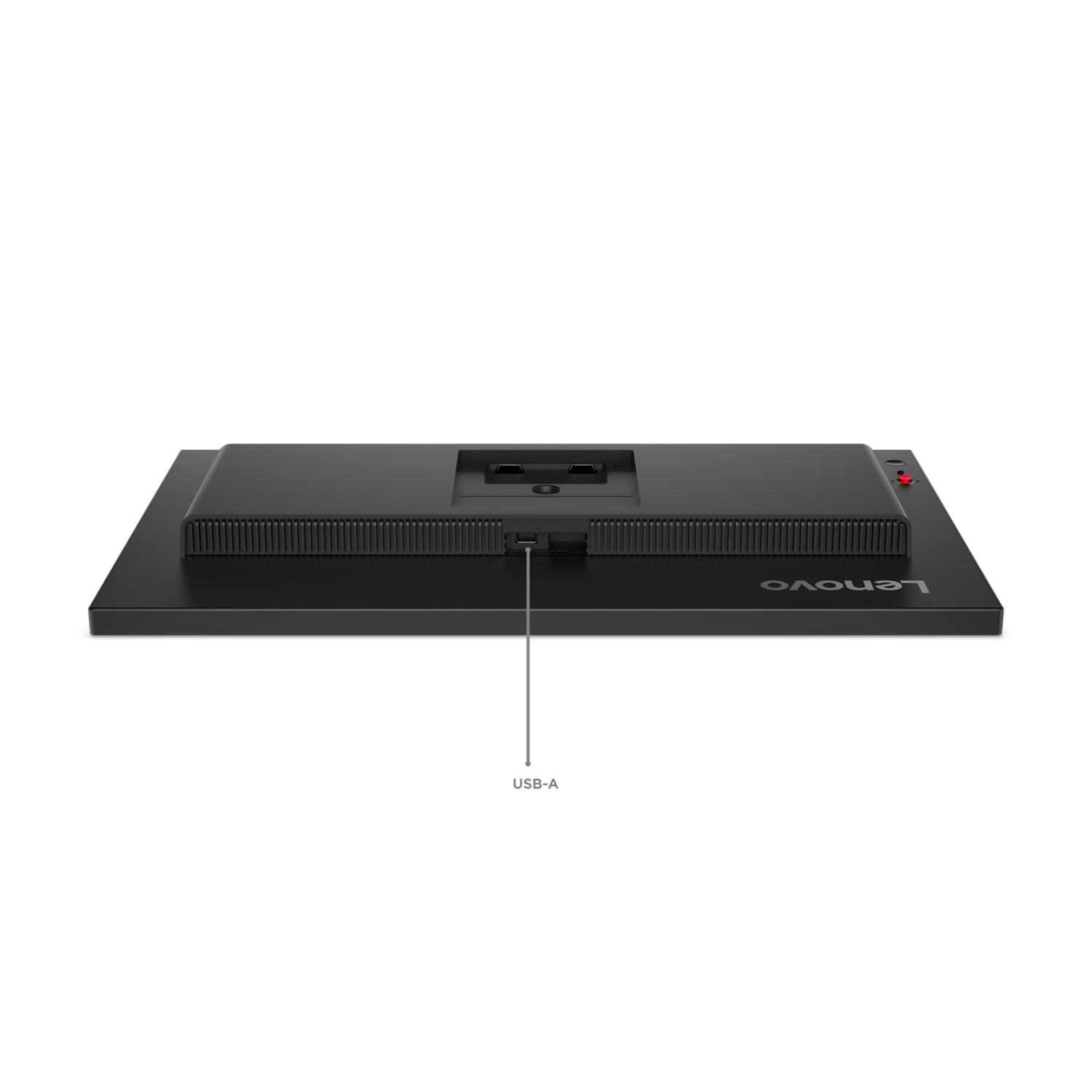 Un moniteur Lenovo noir, montrant l'arrière avec des ports étiquetés USB-A. Le logo est visible. Le fond est noir uni.