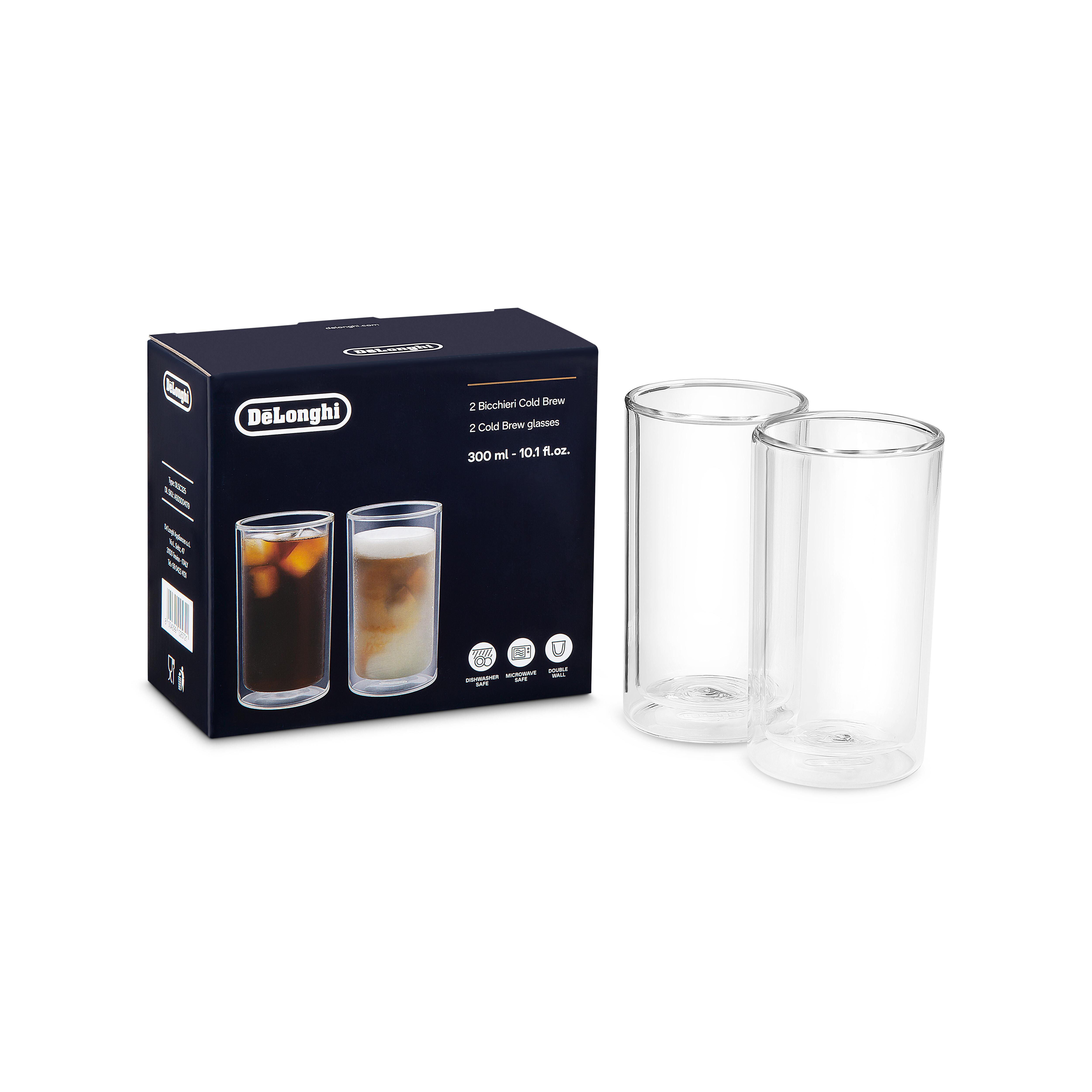 Zwei klare, doppelwandige Gläser neben einer schwarzen Schachtel mit der Aufschrift DeLonghi. Die Schachtel zeigt Gläser mit Kaffee.