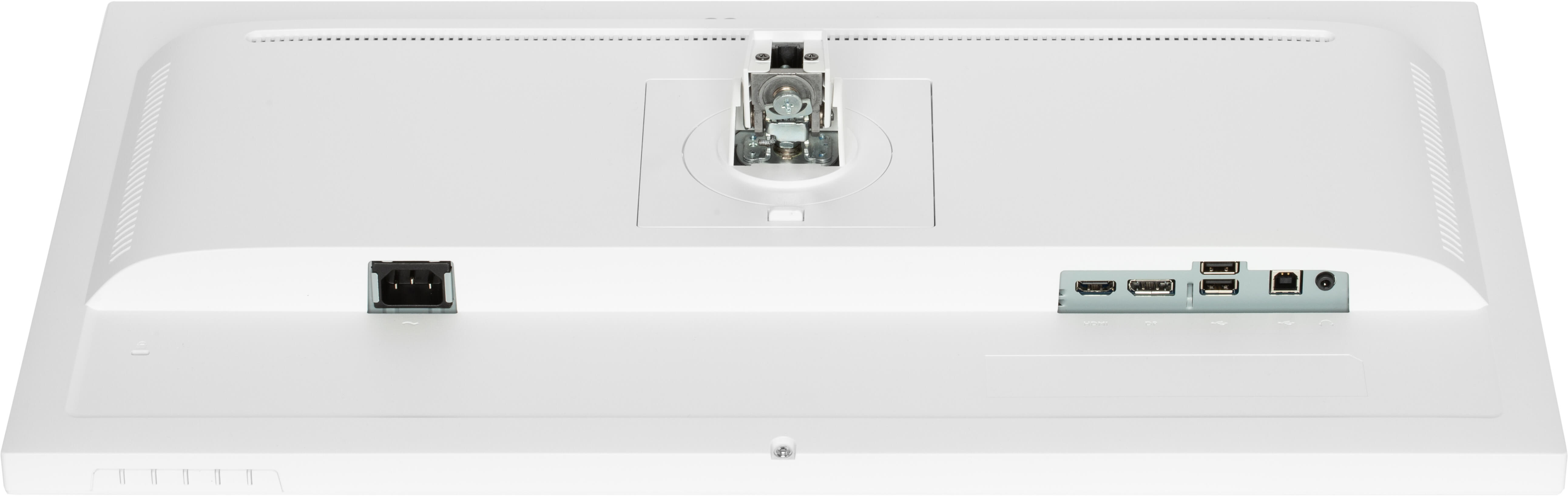 Tył białego monitora komputerowego. Posiada port zasilania, różne porty wejściowe i mocowanie do stojaka.