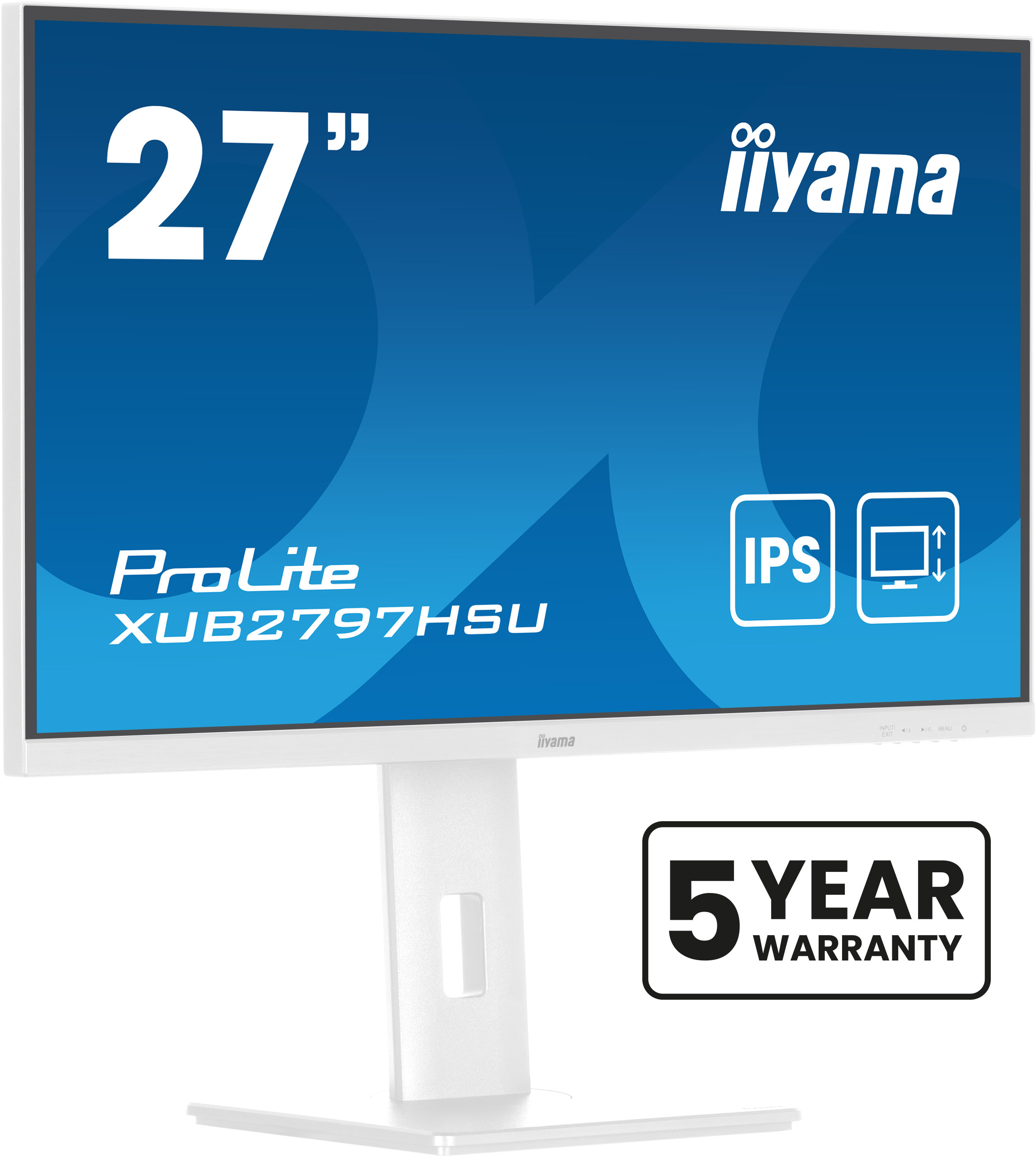 Biały monitor iiyama z 27-calowym ekranem, model ProLite. Zawiera logo 5-letniej gwarancji.
