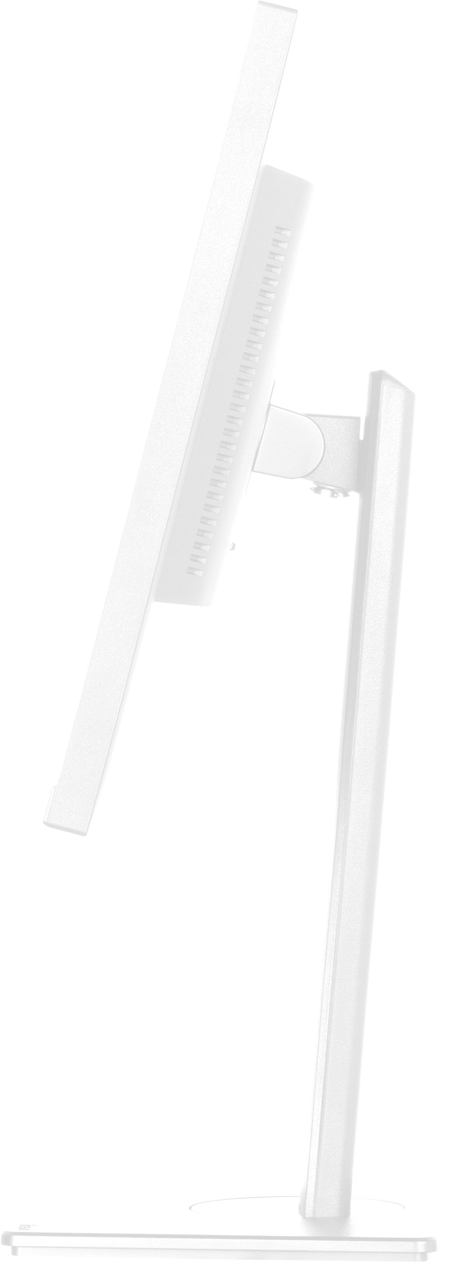 Biały monitor komputerowy, widok z boku, lekko pochylony. Widoczny jest stojak i ekran. Tło jest białe.