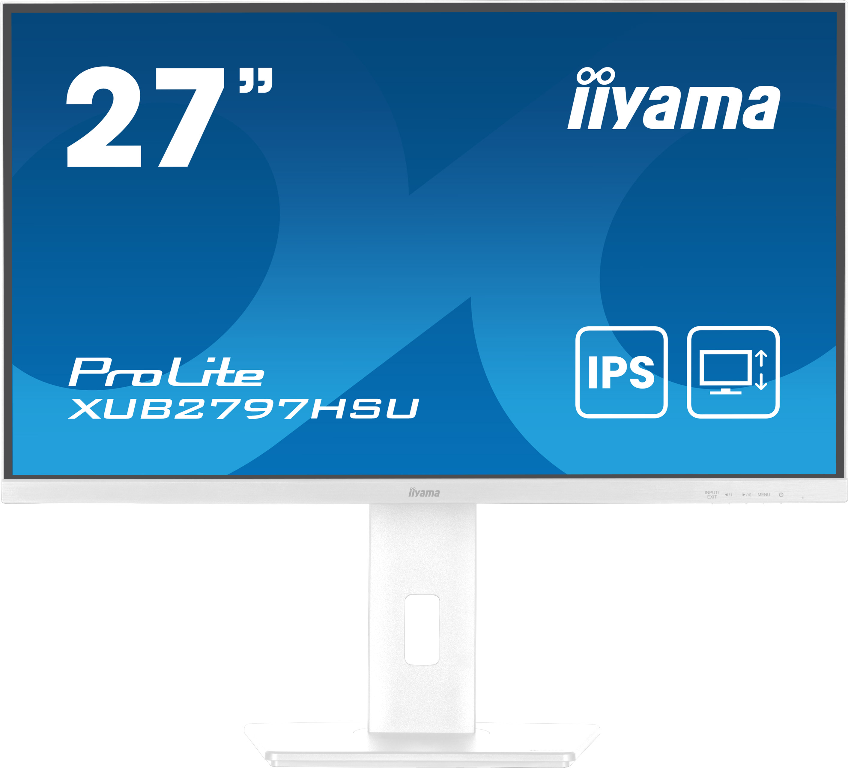 Biały monitor Iiyama, wyświetlacz 27 cali, model ProLite XUB2797HSU. Niebieskie tło, ikony IPS i regulacji ekranu.