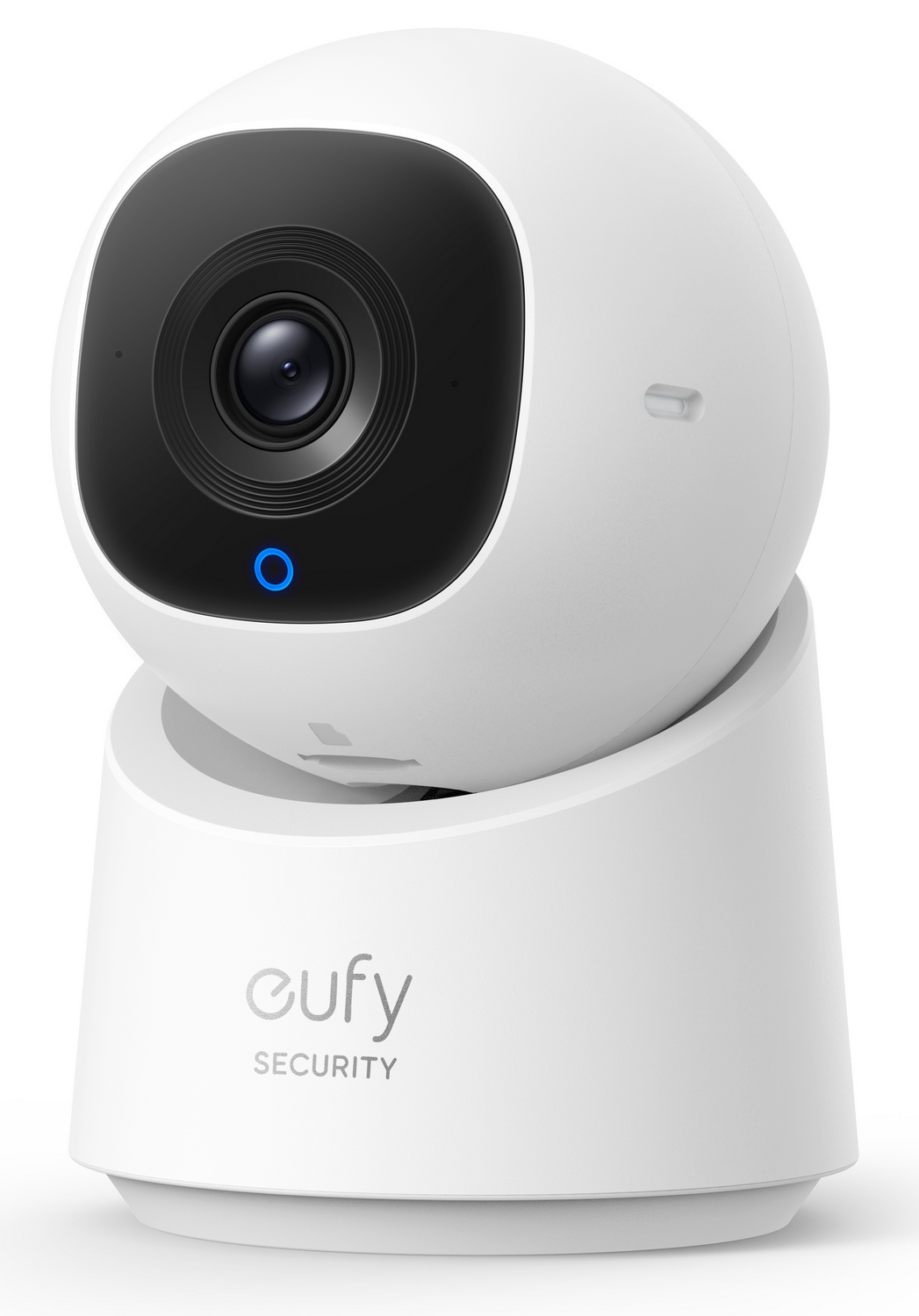 Una cámara de seguridad Eufy blanca. Tiene una lente de cámara negra y una luz azul. La base tiene el logotipo de la empresa.
