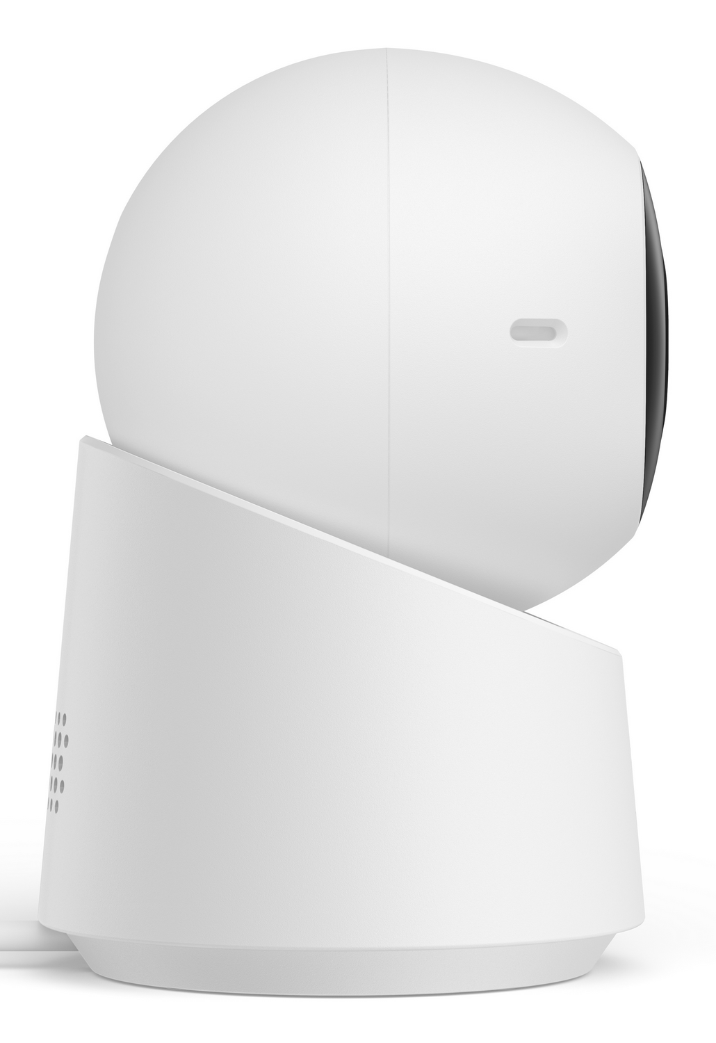Una cámara de seguridad blanca con una parte superior redondeada y una base trapezoidal. Está contra un fondo blanco.