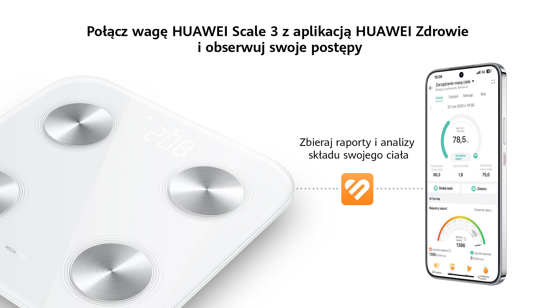 Biała waga Huawei z wyświetlaczem cyfrowym 20.8. Smartfon wyświetla dane zdrowotne. Tekst: "Połącz z Huawei Health".