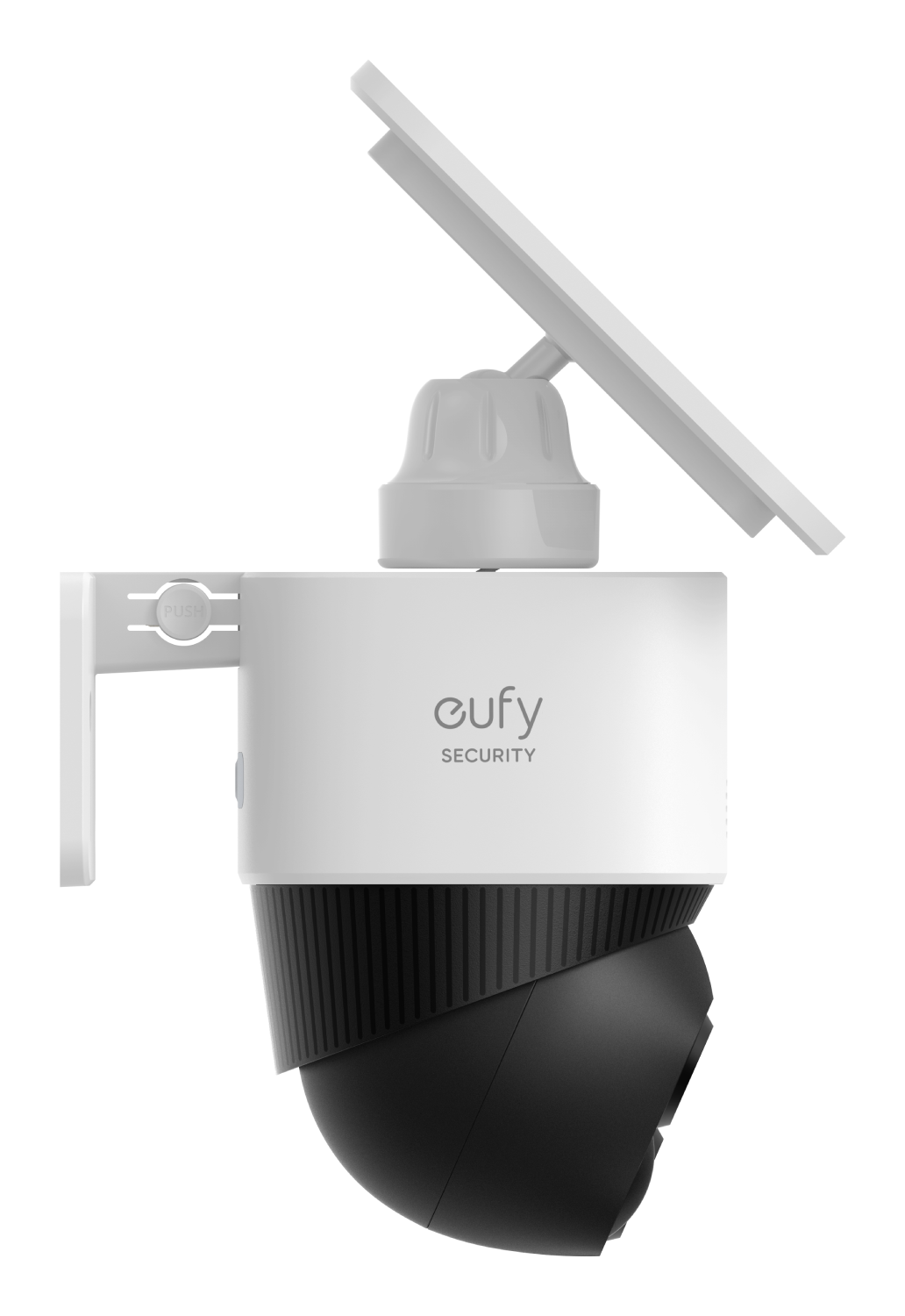 Una cámara de seguridad Eufy blanca con una cúpula negra, montada en un soporte blanco. Un panel solar blanco está inclinado sobre la cámara.