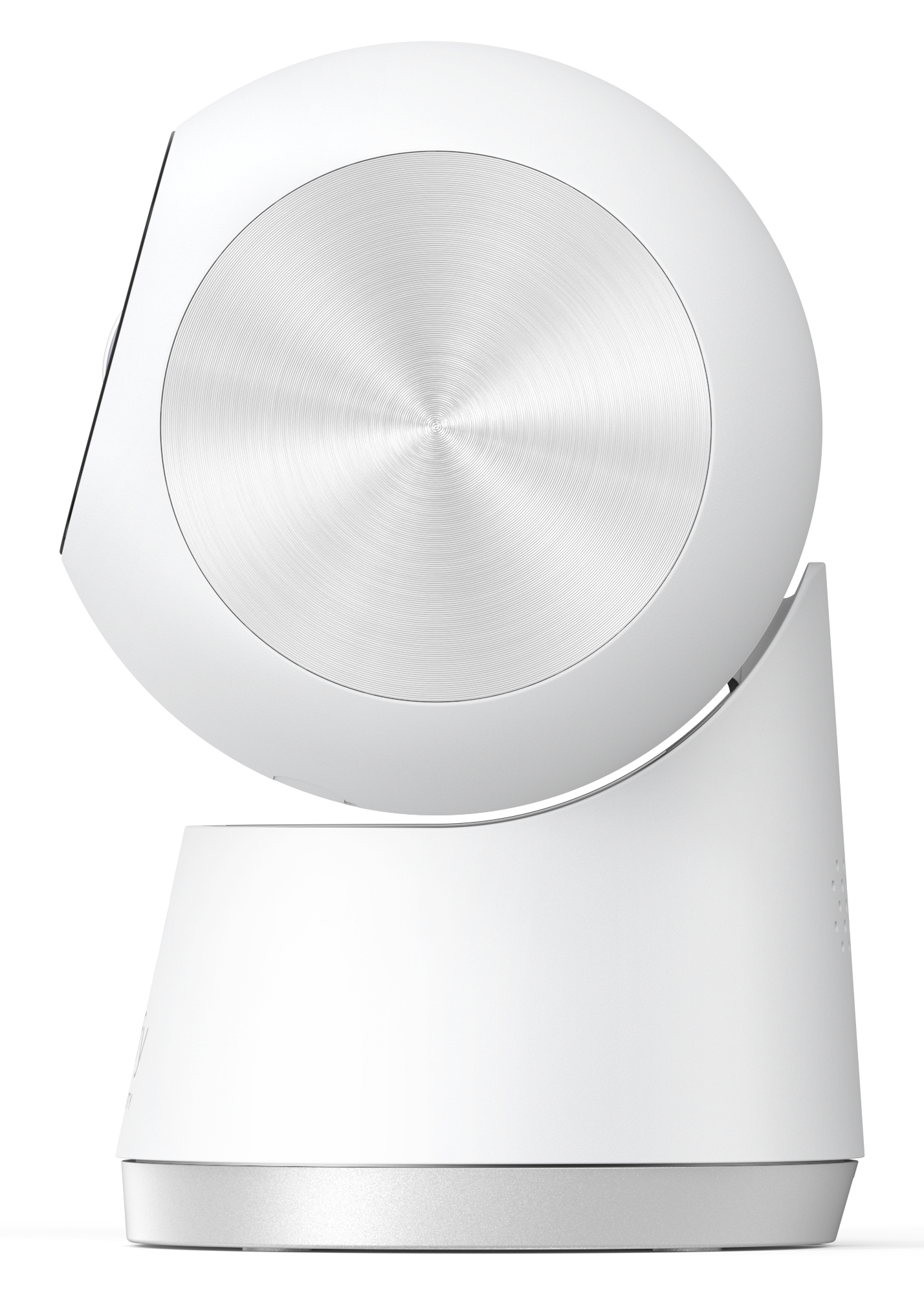 Un altavoz blanco y moderno con un centro metálico plateado. Gira sobre una base blanca, sobre un fondo blanco.