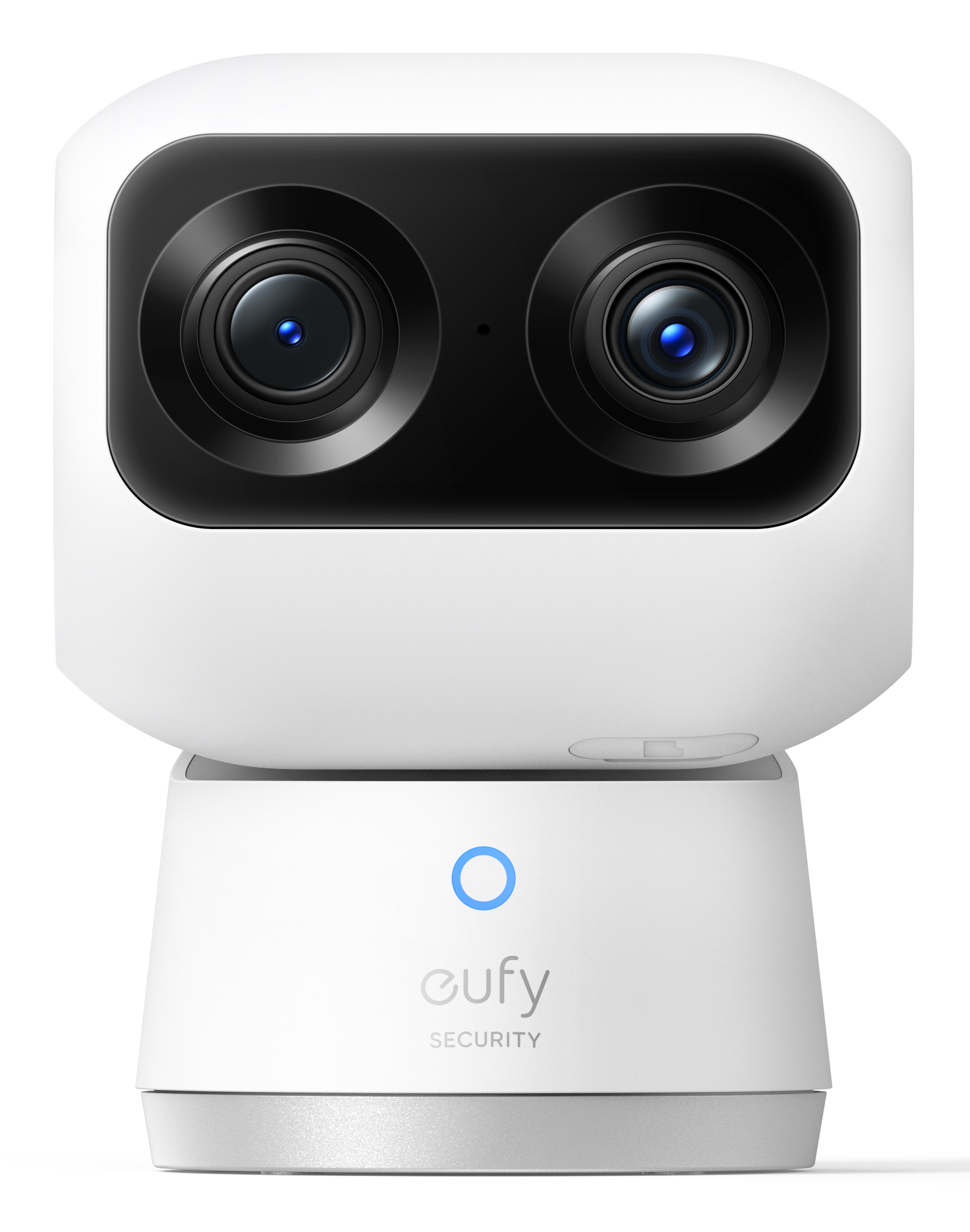 Cámara de seguridad eufy blanca con dos lentes negras. Tiene una luz azul y el logo de eufy.