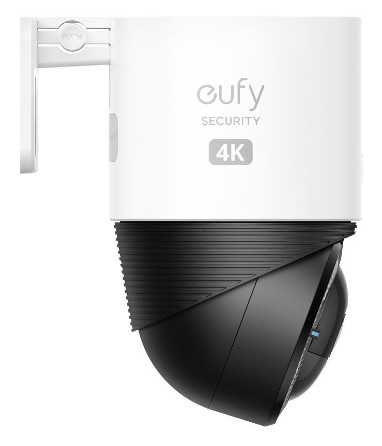 Se muestra una cámara eufy Security 4K en blanco y negro. La cámara está montada en un soporte blanco con un botón de presión.