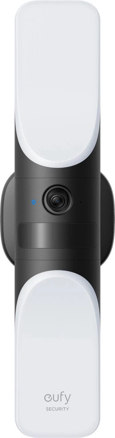 Una cámara de seguridad Eufy en blanco y negro. Tiene una lente, una luz azul y el logotipo de Eufy en la parte inferior.