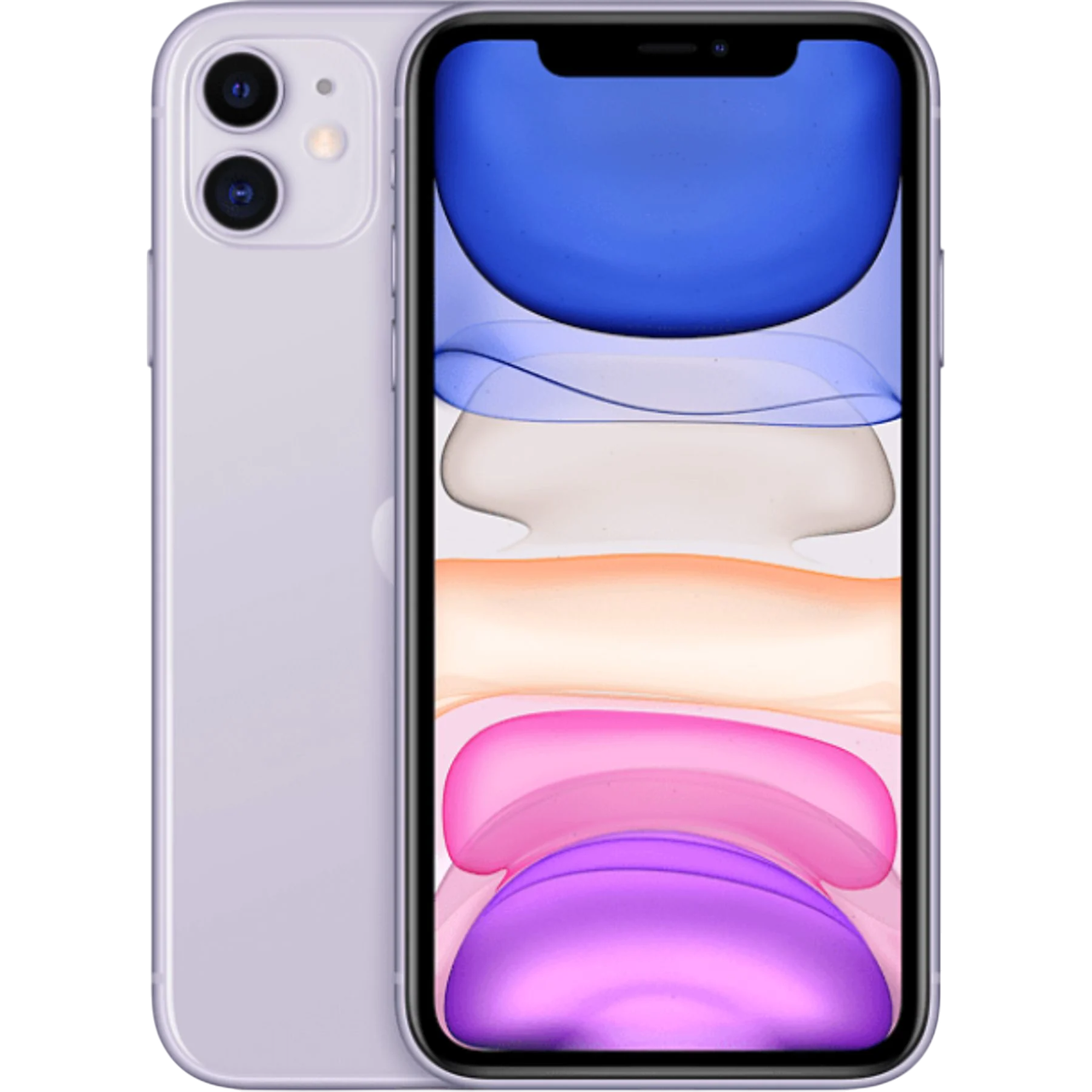 Mor bir iPhone 11. Ekran renkli bir gradyan görüntüler. Arkada iki kamera görünür.