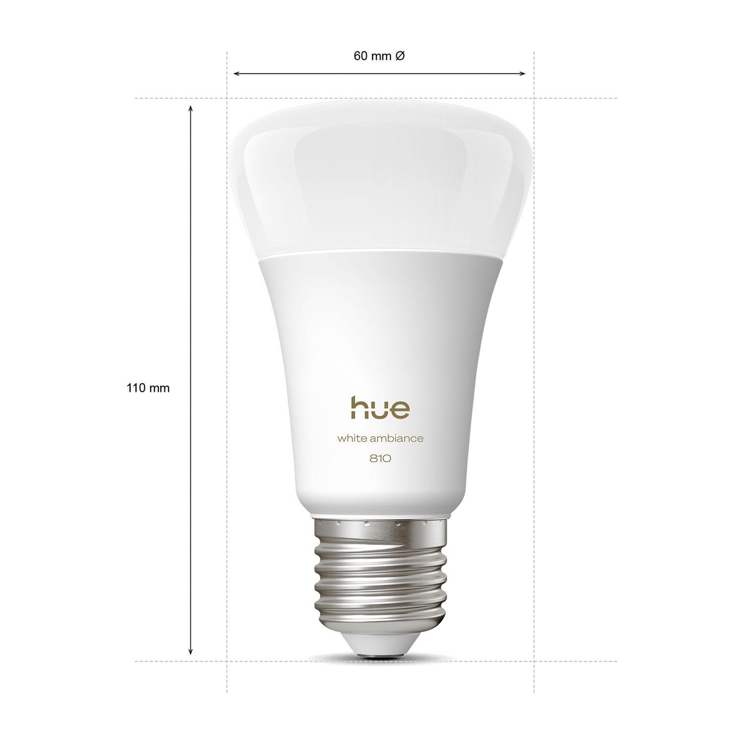 A white Philips Hue light bulb. Dimensions are labeled: 60 mm diameter, 110 mm height. Text on bulb: hue, white ambiance 810.