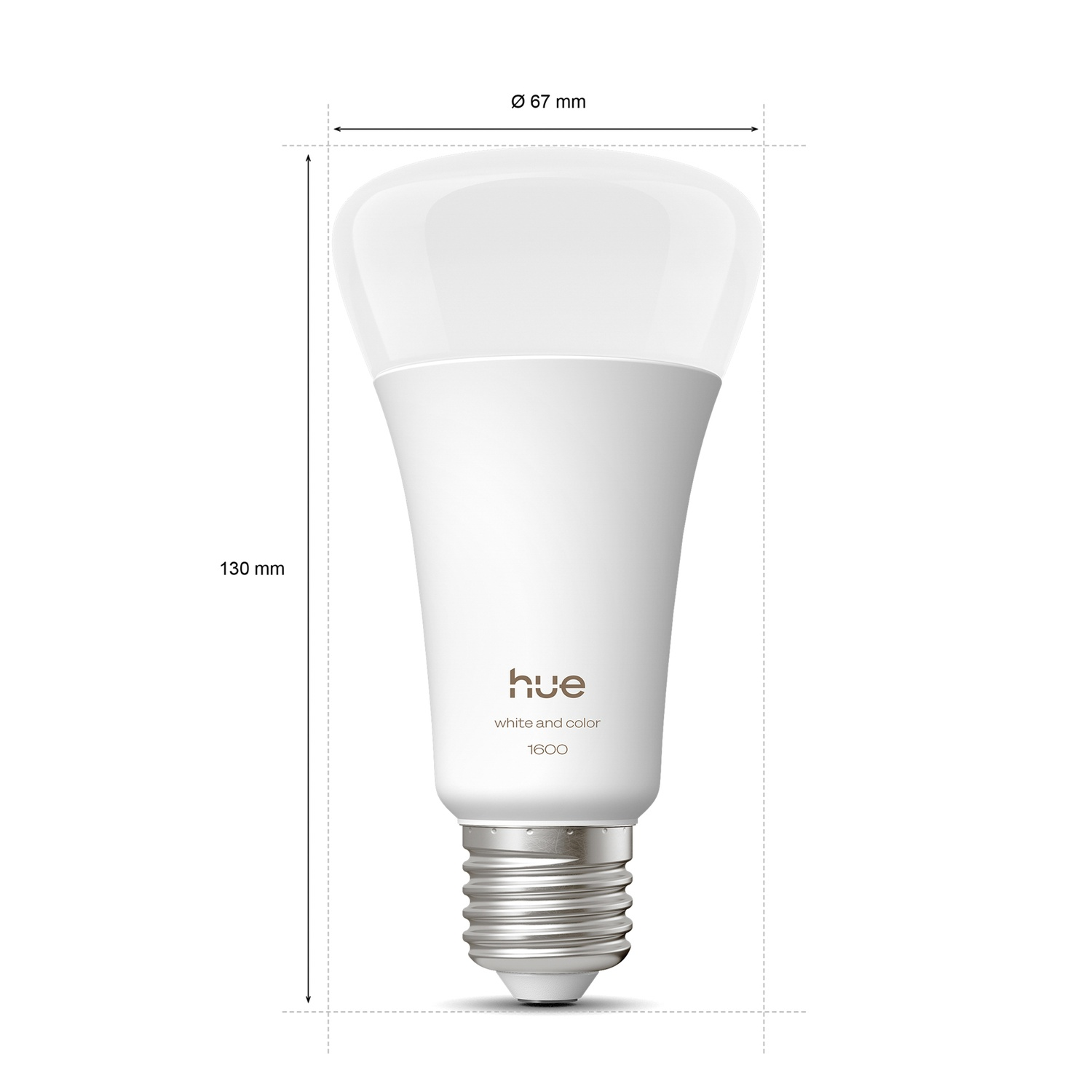 A white Philips Hue smart lightbulb. It has a rounded top, a white body, and a silver base. Dimensions are labeled: 130mm height, 67mm diameter.
