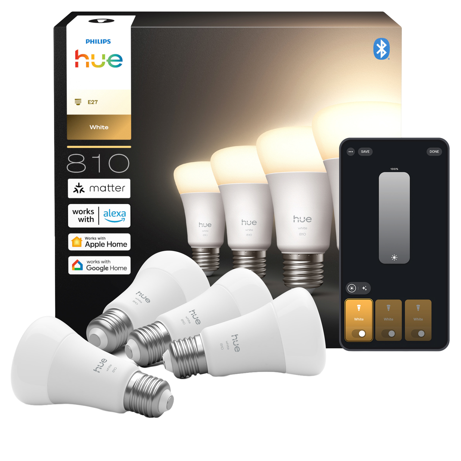 Philips Hue slimme lampen. Doos toont lampen, functies en app-bediening op een smartphone. Lampen zijn wit, verpakking in zwart.